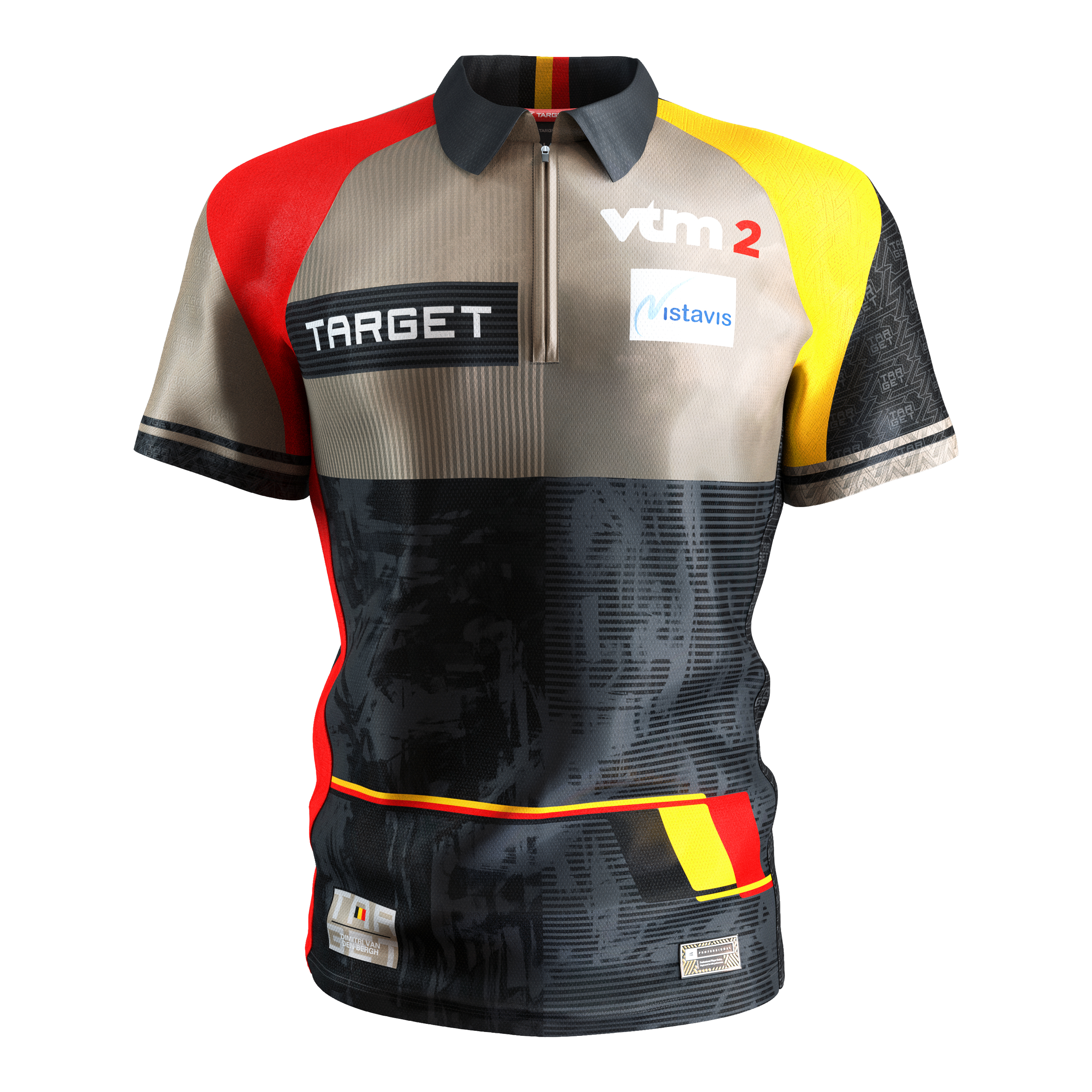 Maglia da freccette Target Coolplay Dimitri Van Den Bergh 2025 Das Bild zeigt das "Target Coolplay Dimitri Van Den Bergh 2025 Dartshirt". Das Shirt ist bunt gestaltet mit den Farben Schwarz, Rot, Gelb und Beige und trägt mehrere Sponsorenlogos.