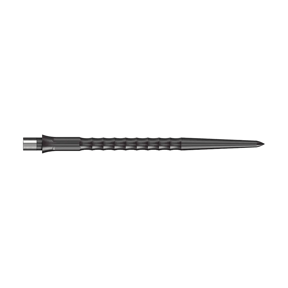 Caliburn System Steeldart Tips - Ripple - NoLip - Black Das Bild zeigt Steeldartspitzen des Caliburn Evo Systems in Schwarz, 40 mm lang. Zwei Spitzen sind sichtbar, die Oberfläche ist geriffelt ohne Lippe.