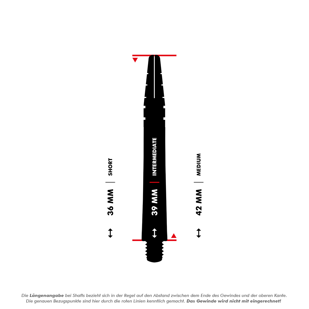 Das Bild zeigt einen Dart-Shaft mit einer Länge von 39 mm, der als "Intermediate" gekennzeichnet ist. Es sind auch Vergleichslängen für "Short" (36 mm) und "Medium" (42 mm) angegeben.
