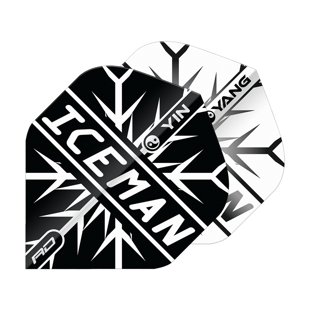 Red Dragon Gerwyn Price Iceman Černá Bílá Yin Yang Standardní lety Das Bild zeigt zwei Dart-Flights in Schwarz und Weiß mit einem Yin-Yang-Design. Auf dem vorderen Flight steht in großen Buchstaben „ICEMAN“.