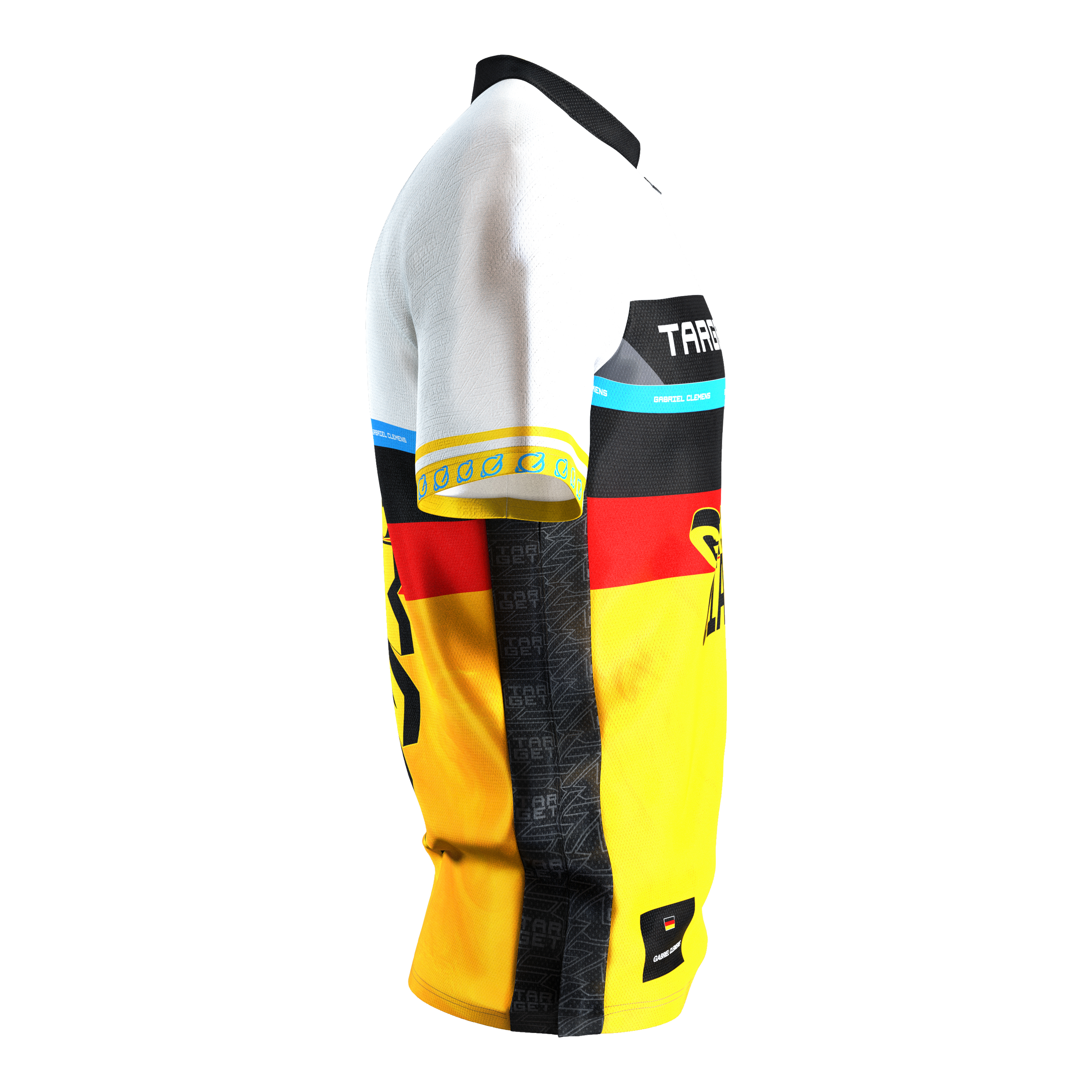 Koszulka do darta Target Coolplay Gabriel Clemens 2025 Das Bild zeigt das Target Coolplay Gabriel Clemens 2025 Dartshirt aus seitlicher Perspektive. Das Shirt ist überwiegend in Weiß, Schwarz, Rot und Gelb gehalten und trägt auffällige Designs sowie den Namen "Gabriel Clemens".