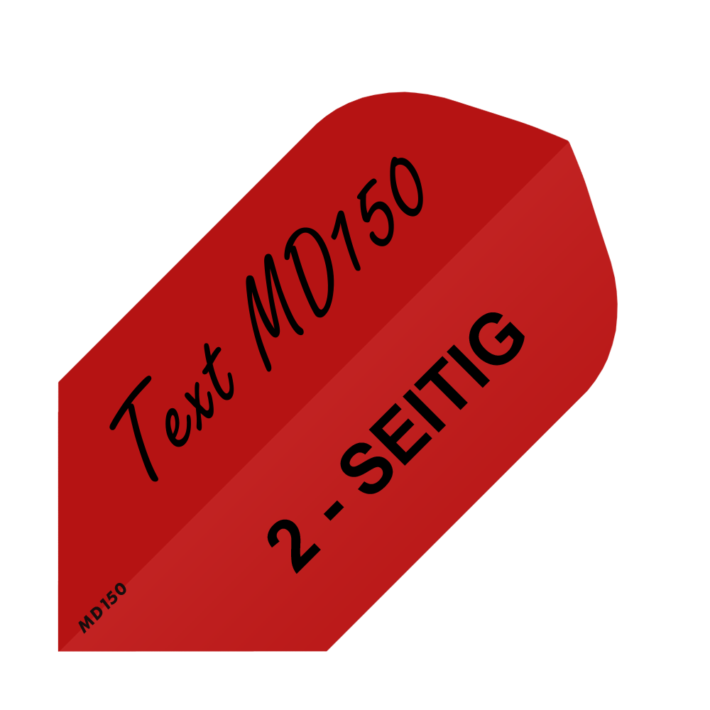 MD-257_2-Seitig_Bedruckte_Flights_Wunschtext_MD150_Rot_Slim_1 Das Bild zeigt ein rot gefärbtes Dart-Flight mit schwarzer Aufschrift. Darauf steht „Text MD150“ und „2 - SEITIG“.