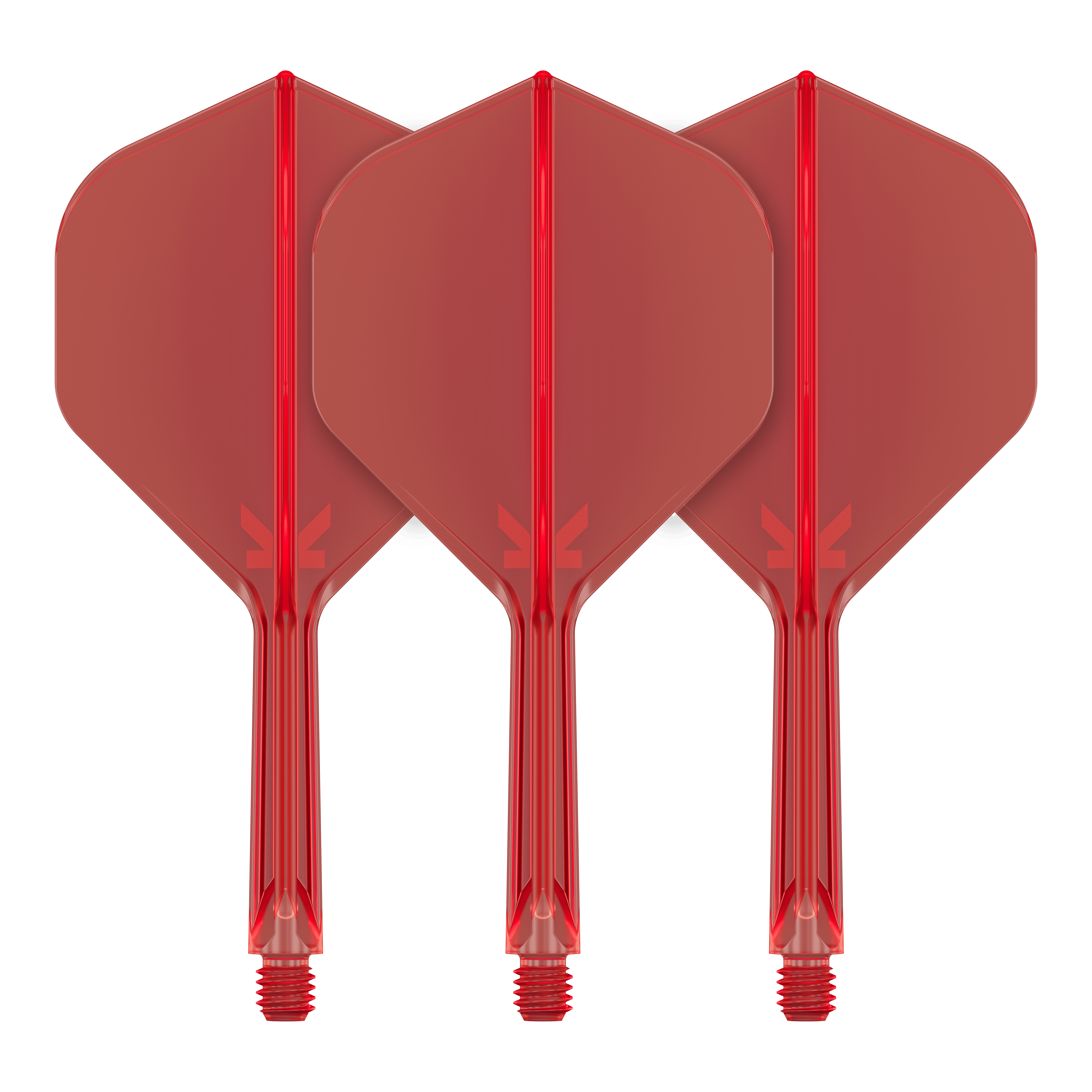 Target K-Flex No2 Standard Flight-System - Rot Auf dem Bild sind drei rote Dartflights mit integrierten Schäften zu sehen. Sie stehen nebeneinander in einer aufrechten Position.