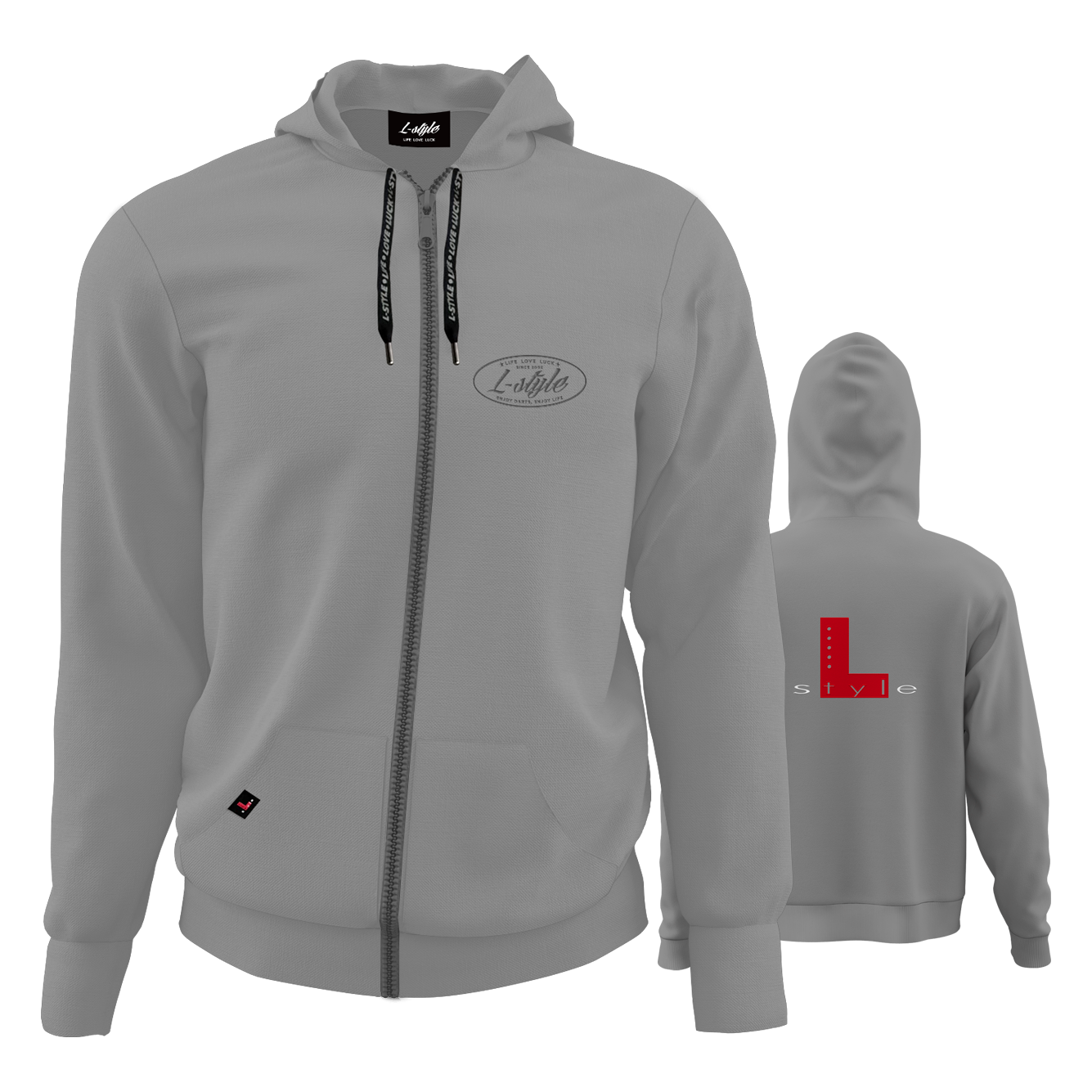 L-Style Hoodie - Grau Der "L-Style Hoodie - Grau" ist ein grauer Kapuzenpullover mit Reißverschluss und schwarzem Kordelzug. Auf der Vorderseite befindet sich ein dezentes Logo, auf dem Rücken ein großes rotes "L" mit dem Schriftzug "style".