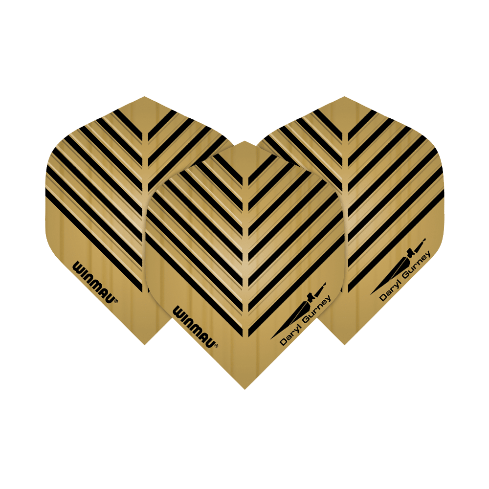 6800-114_Winmau_Daryl_Gurney_Embossed_Flights_1 Das Bild zeigt drei goldene Dartflights mit schwarzen, V-förmigen Linien. Auf den Flights stehen die Namen "Winmau" und "Daryl Gurney".