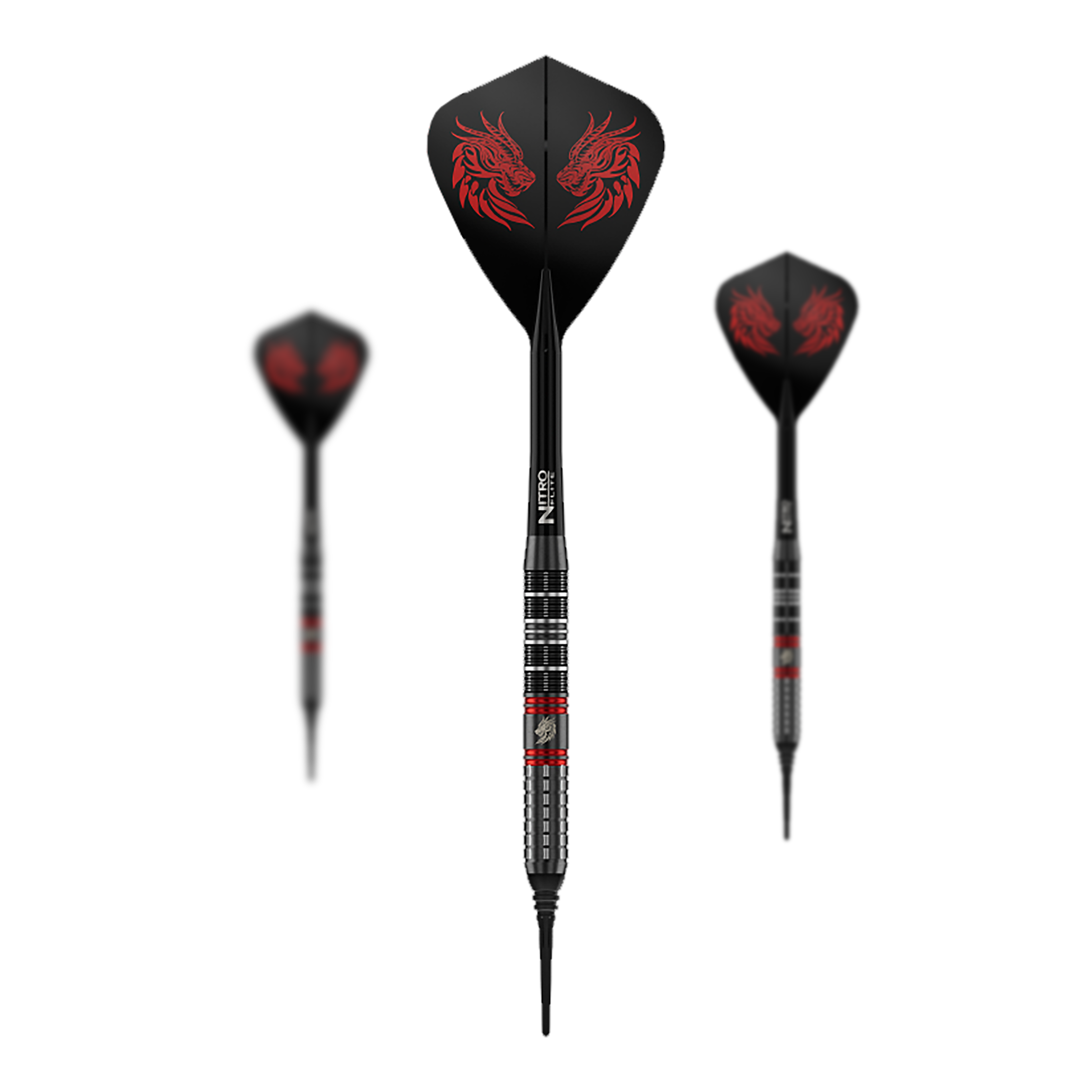Red Dragon Jonny Clayton RD-ULTRA Softdarts - 18g Zu sehen ist ein Set der Red Dragon Jonny Clayton RD-ULTRA Softdarts mit 18g Gewicht. Die drei Darts haben schwarze, silberne und rote Details und sind nebeneinander platziert.