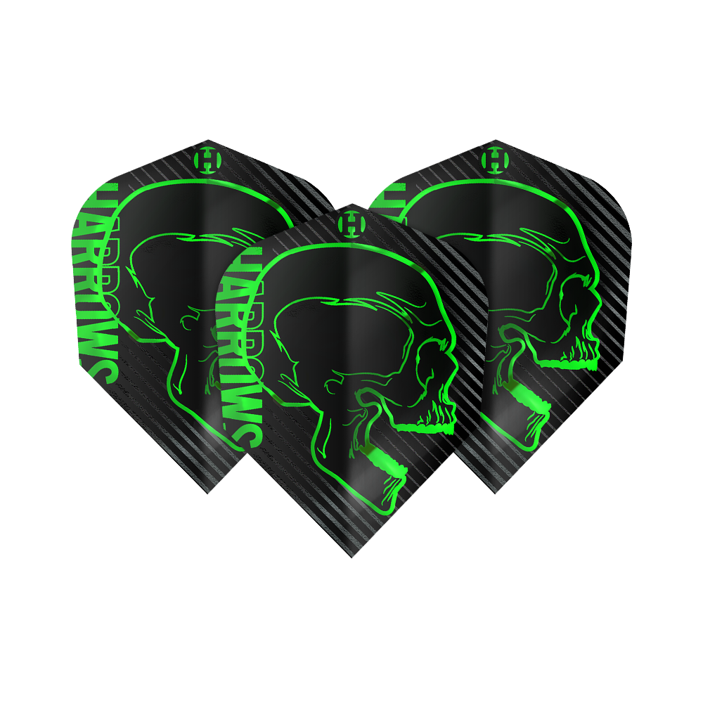 Lety do Harrows Rage Green č. 6 Ein Set der Harrows Rage Green No6 Flights ist auf dem Bild abgebildet. Die Form und Farbgestaltung sind auffällig.