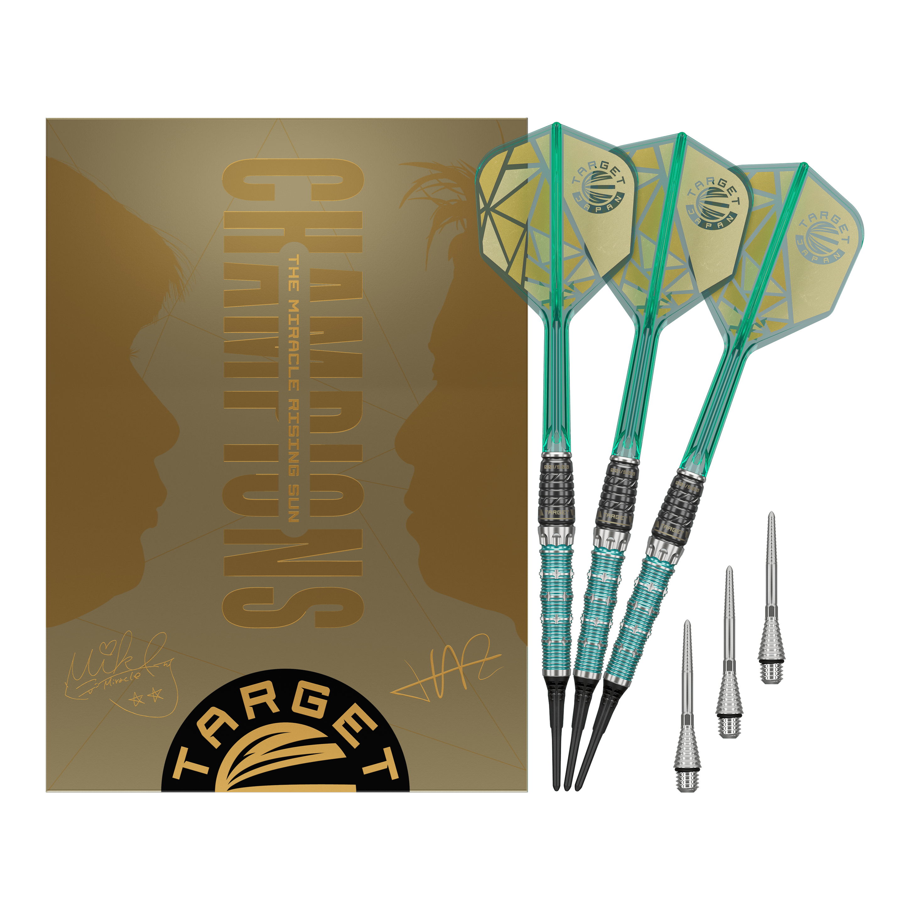 Target Japan The Rising Miracle Kombinované softdarts limitovaná edice - 21,5 g Ein Target Japan The Rising Miracle Combination Limited Edition Softdart Set in voller Ansicht. Die Darts sind in einer Linie angeordnet.
