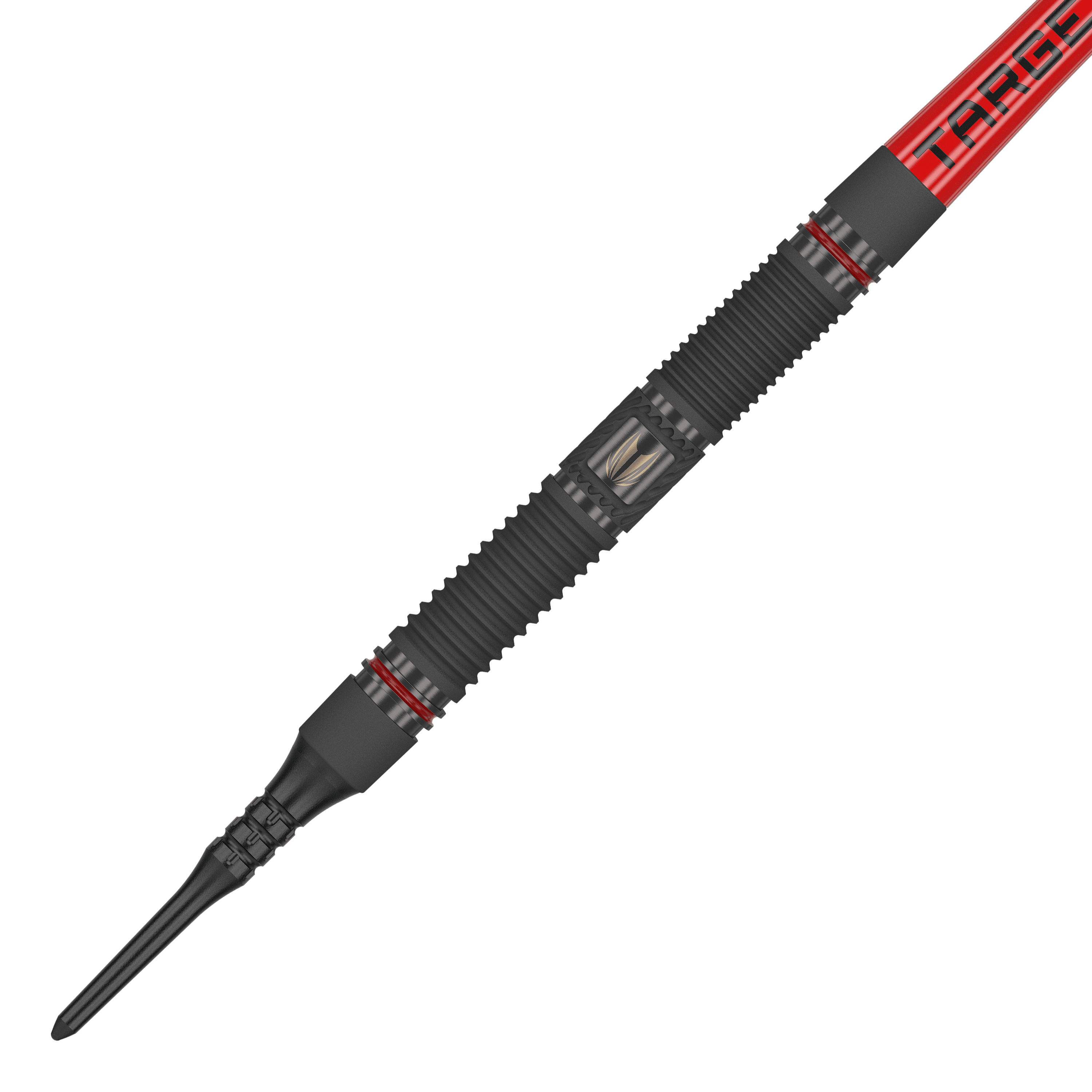 Target Scope 10 Softdarts Das Bild zeigt einen Target Scope 10 Softdart mit einem schwarzen, geriffelten Griff und roten Akzenten. Der Dart hat eine rote Fliege mit der Aufschrift "TARGET".