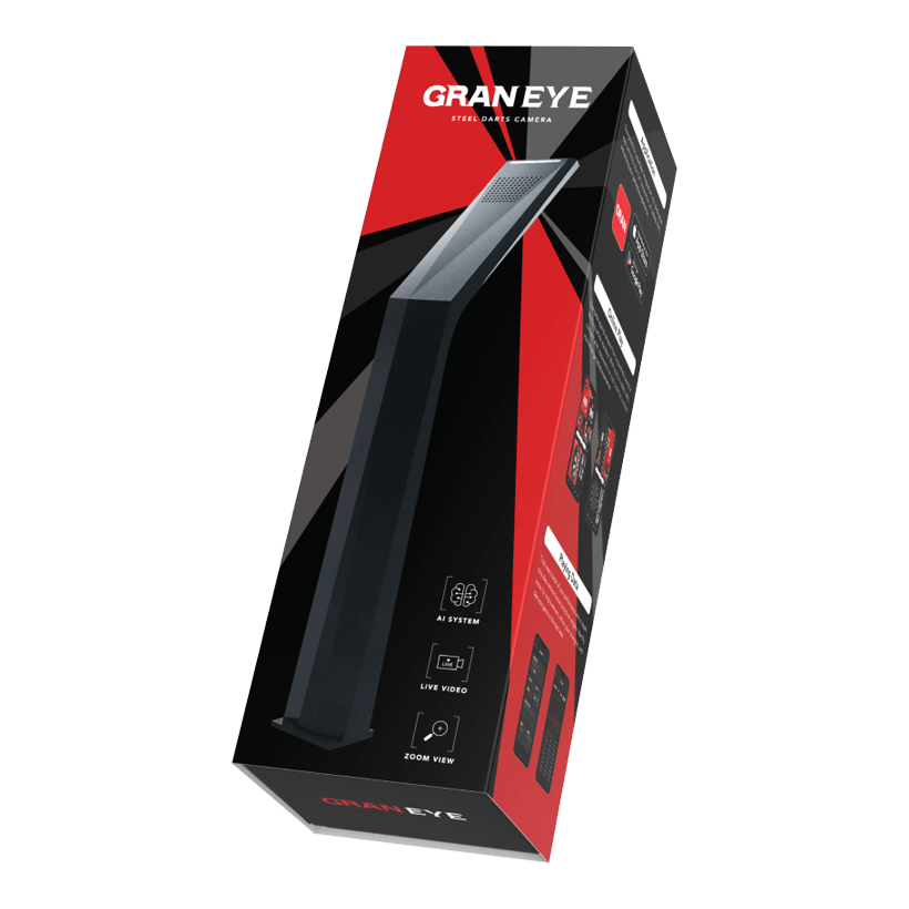 GranDarts Gran Eye GEN2 Steeldart automatyczny system punktacji Das Bild zeigt die Verpackung des Produkts "GranDarts GranEye Steeldart Auto-Scoring-System". Auf der Schachtel sind ein Bild des Geräts sowie Hinweise auf Funktionen wie KI-System, Live-Video und Zoom-Ansicht abgebildet.