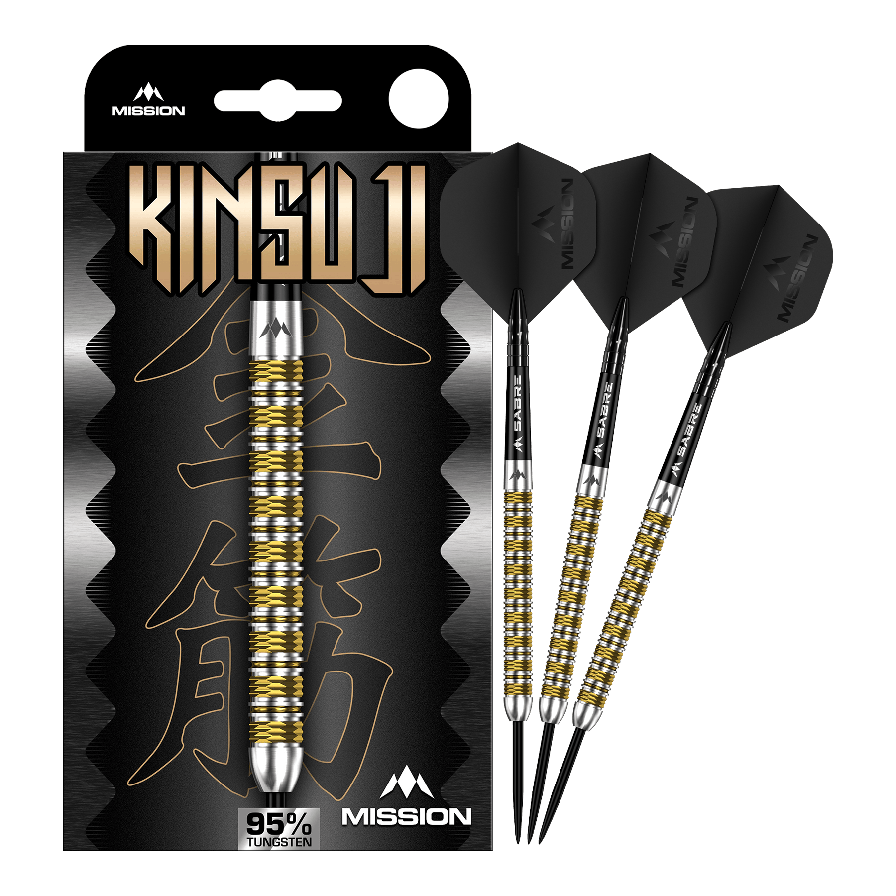 Mission Kinsuji Steeldarts Zu sehen ist ein Satz Mission Kinsuji Steeldarts. Die Dartpfeile sind vollständig dargestellt.
