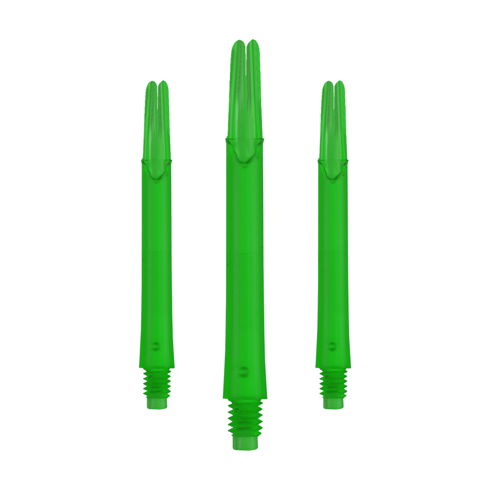 Arbres en L verrouillés droits - Verts Auf dem Bild sind drei grüne, gerade Dartschäfte zu sehen. Sie sind jeweils unten mit einem Gewinde versehen und stehen nebeneinander.