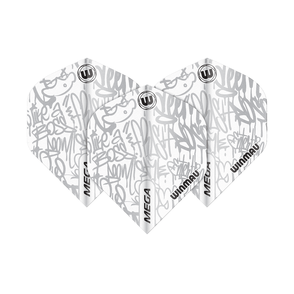 6900-243_Winmau_Mega_White_Standard_Flights_18xYx1XfGFhx3E Auf dem Bild sind drei Winmau Mega White Standard Flights zu sehen. Sie haben ein weißes Design mit grauen Graffiti-Mustern und dem Winmau-Logo.