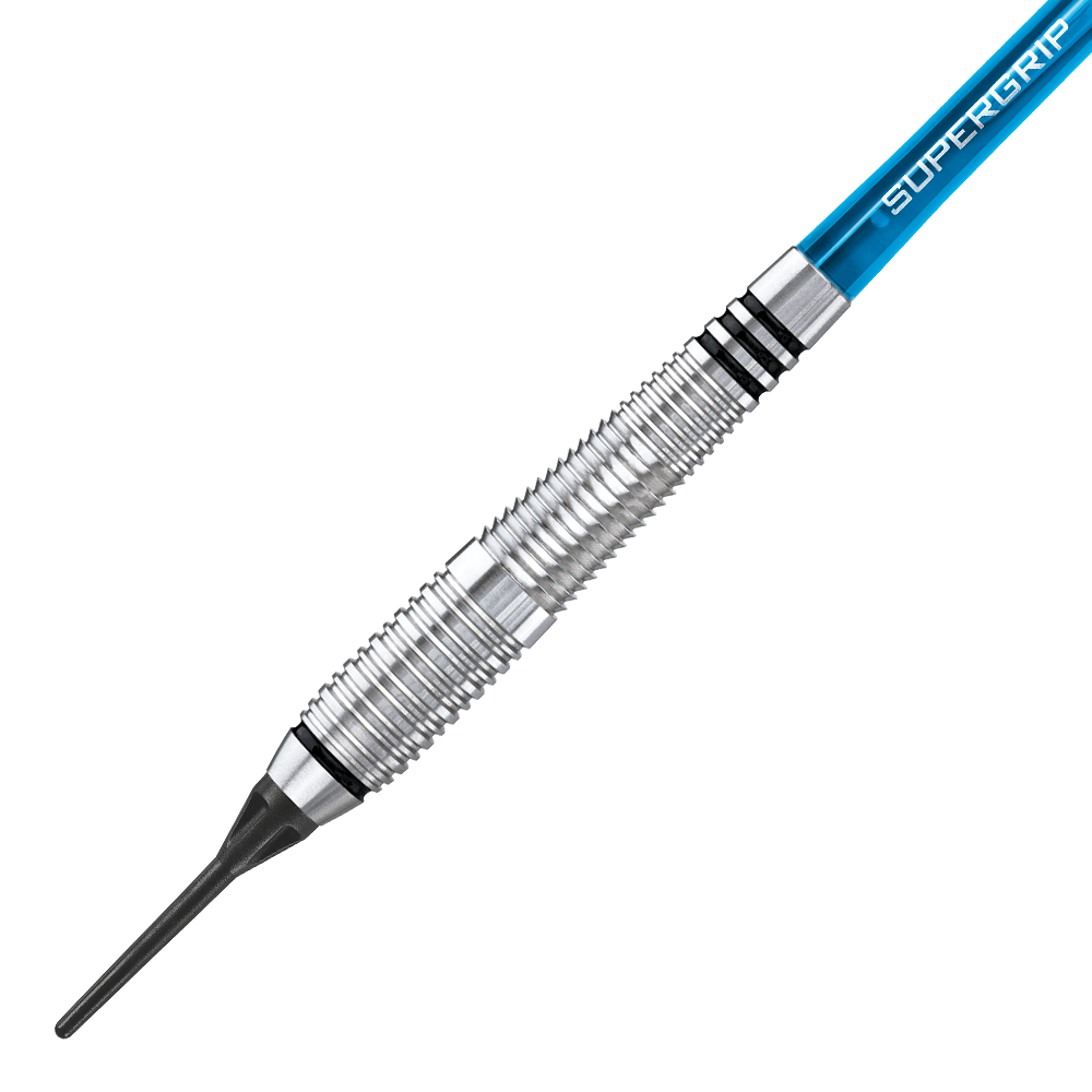 HA13968_Harrows_Blaze_Style_A_Softdarts_2 Das Bild zeigt einen Harrows Blaze Style A Softdart mit einem Gewicht von 18 Gramm. Der Dart hat einen silbernen, geriffelten Barrel und einen blauen Schaft mit der Aufschrift "Supergrip".