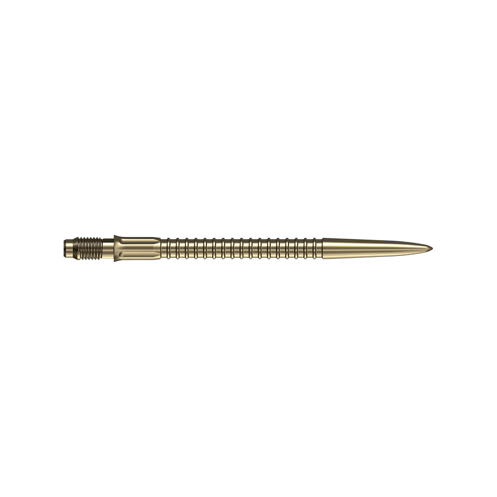 Mission R2.5 Rapid Point GV1 Dart Tips - Gold Mehrere goldene Dartspitzen mit einer Länge von 35mm sind dargestellt. Sie eignen sich als Ersatzteile für Dartfans.