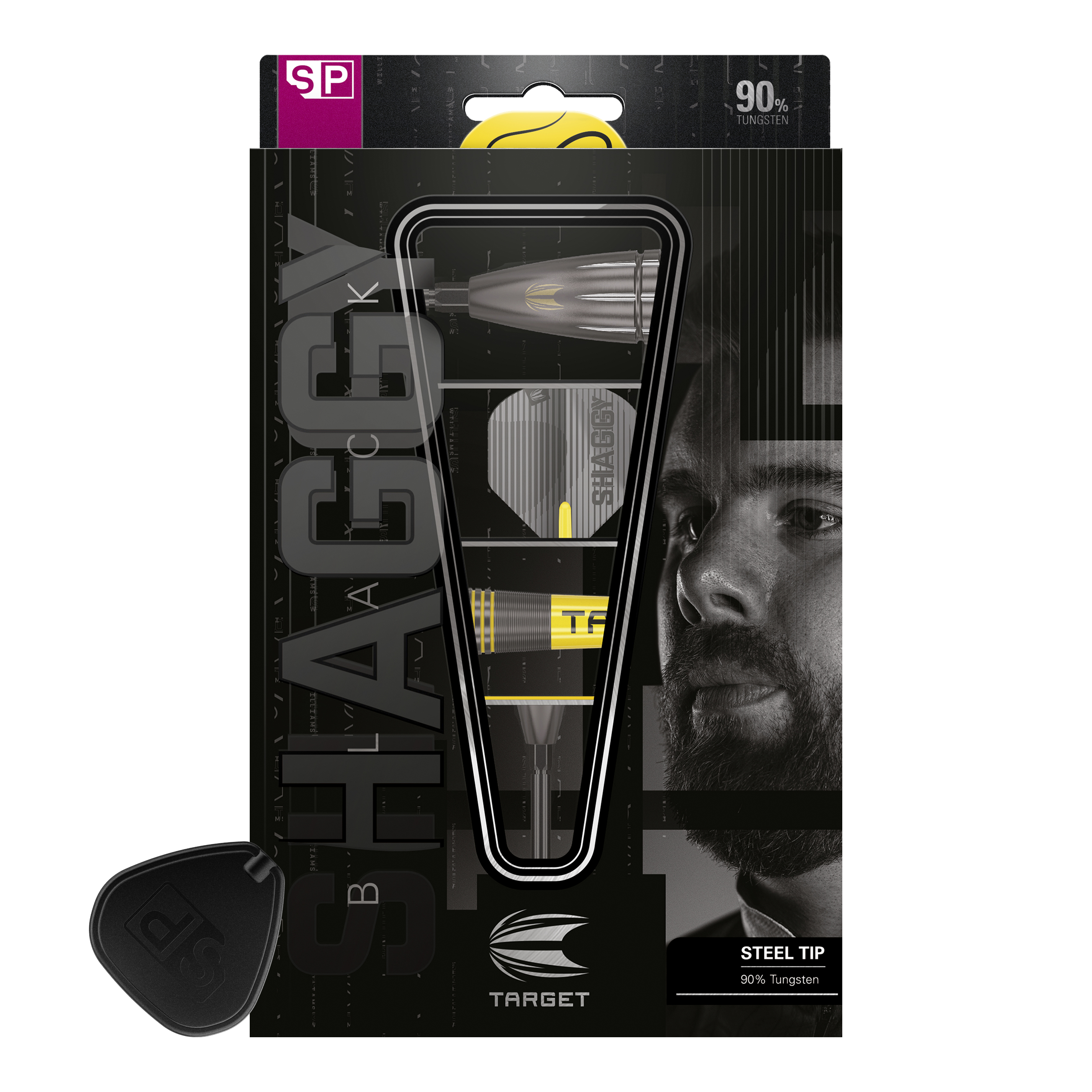 Dardos de acero Target Scott Williams Shaggy Black Swiss Point Das Bild zeigt die Verpackung der "Target Scott Williams Shaggy Black Swiss Point Steeldarts". Auf der Verpackung sind ein abgebildeter Dartpfeil sowie das Gesicht eines Mannes zu sehen.