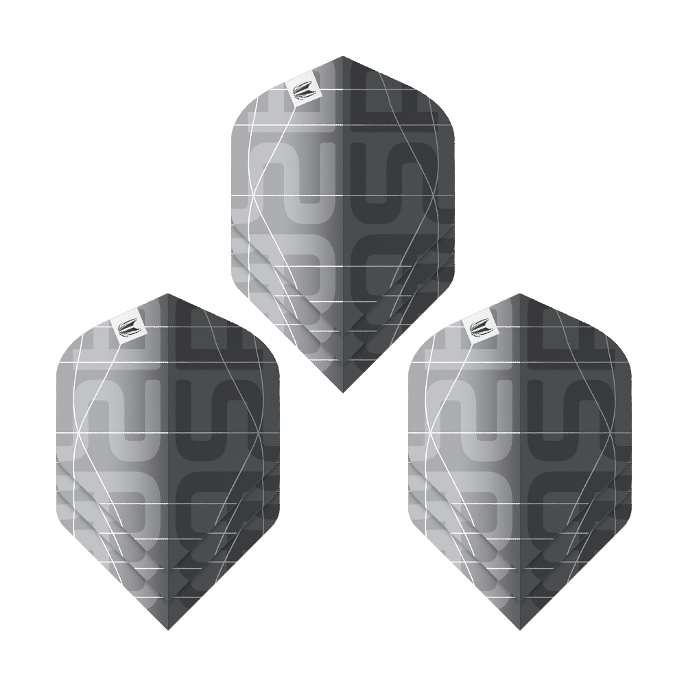 Volets standard Target Pro Ultra Aspinall X Echo No2 - 3 jeux Das Bild zeigt drei schwarze und graue Dartflights mit modernem Muster. Es handelt sich um das Produkt "Target Pro Ultra Aspinall X Echo No2 Standard Flights - 3 Sets".