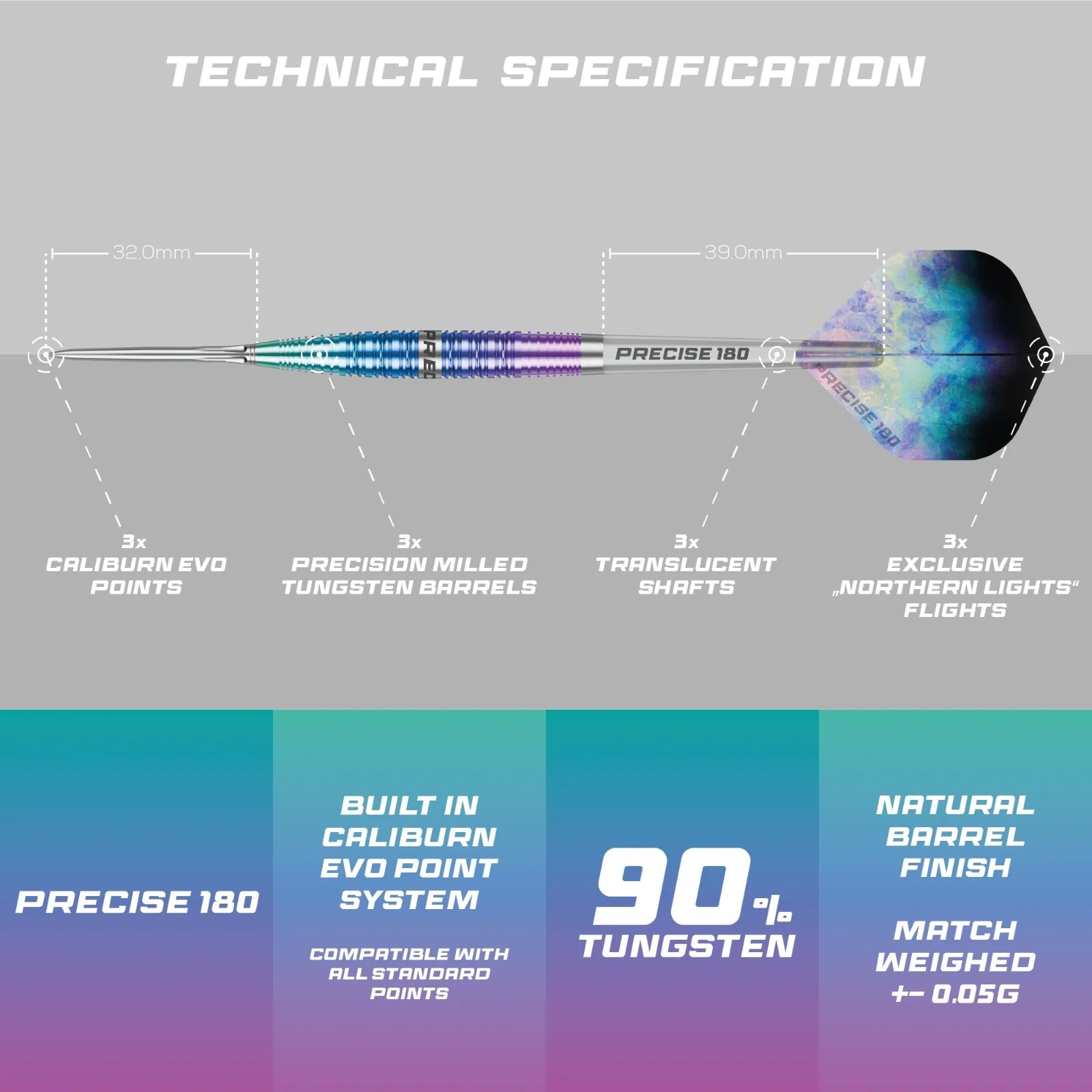 Dardos de acero Precise 180 Northern Lights Zu sehen sind die Precise 180 Northern Lights Steeldarts. Diese Steeldarts überzeugen durch hochwertige Verarbeitung.