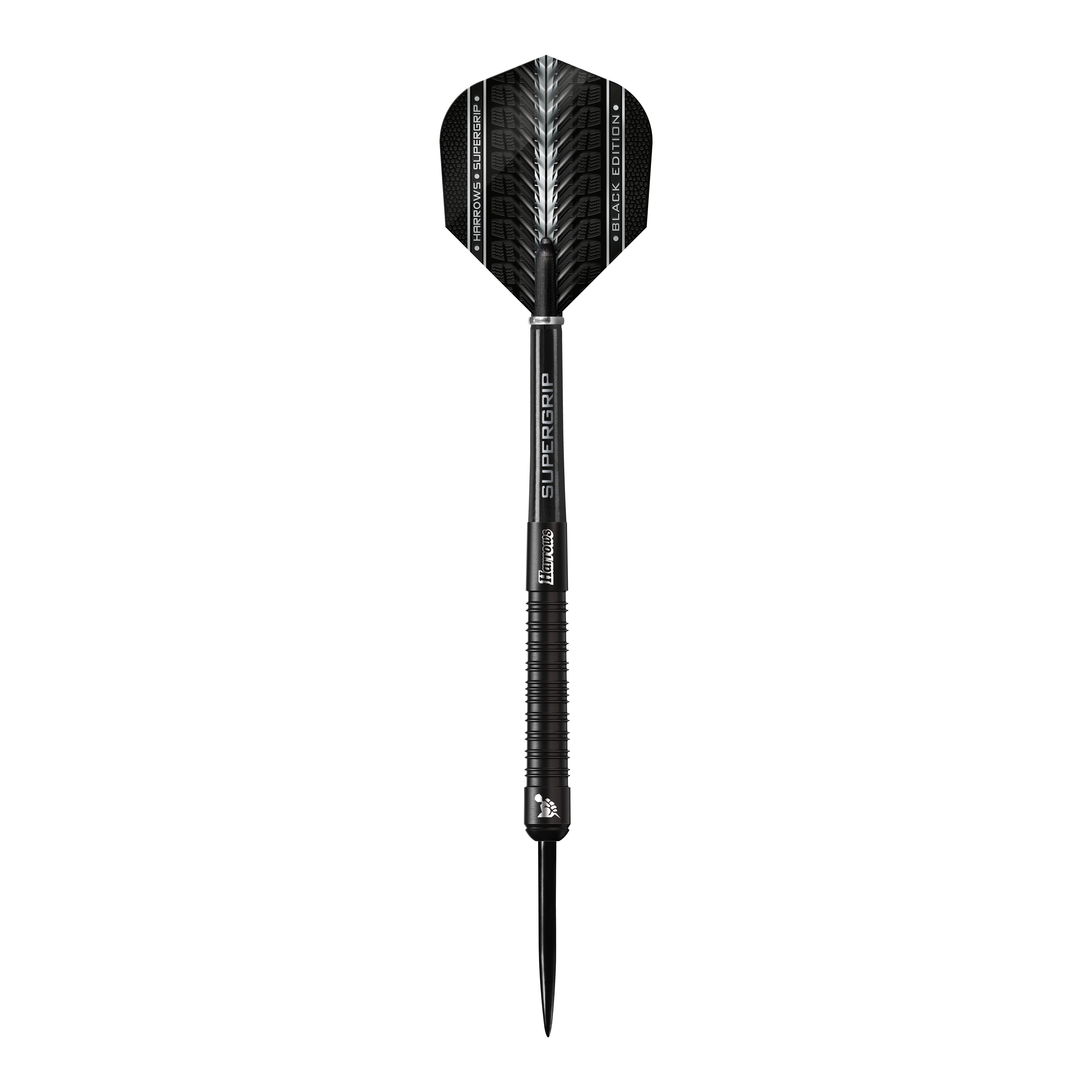 Harrows Supergrip Black-Edition Steeldarts Das Bild zeigt einen schwarzen Steeldart der Marke Harrows Supergrip Black-Edition. Der Dart hat ein elegantes, komplett schwarzes Design mit feinen silbernen Akzenten.