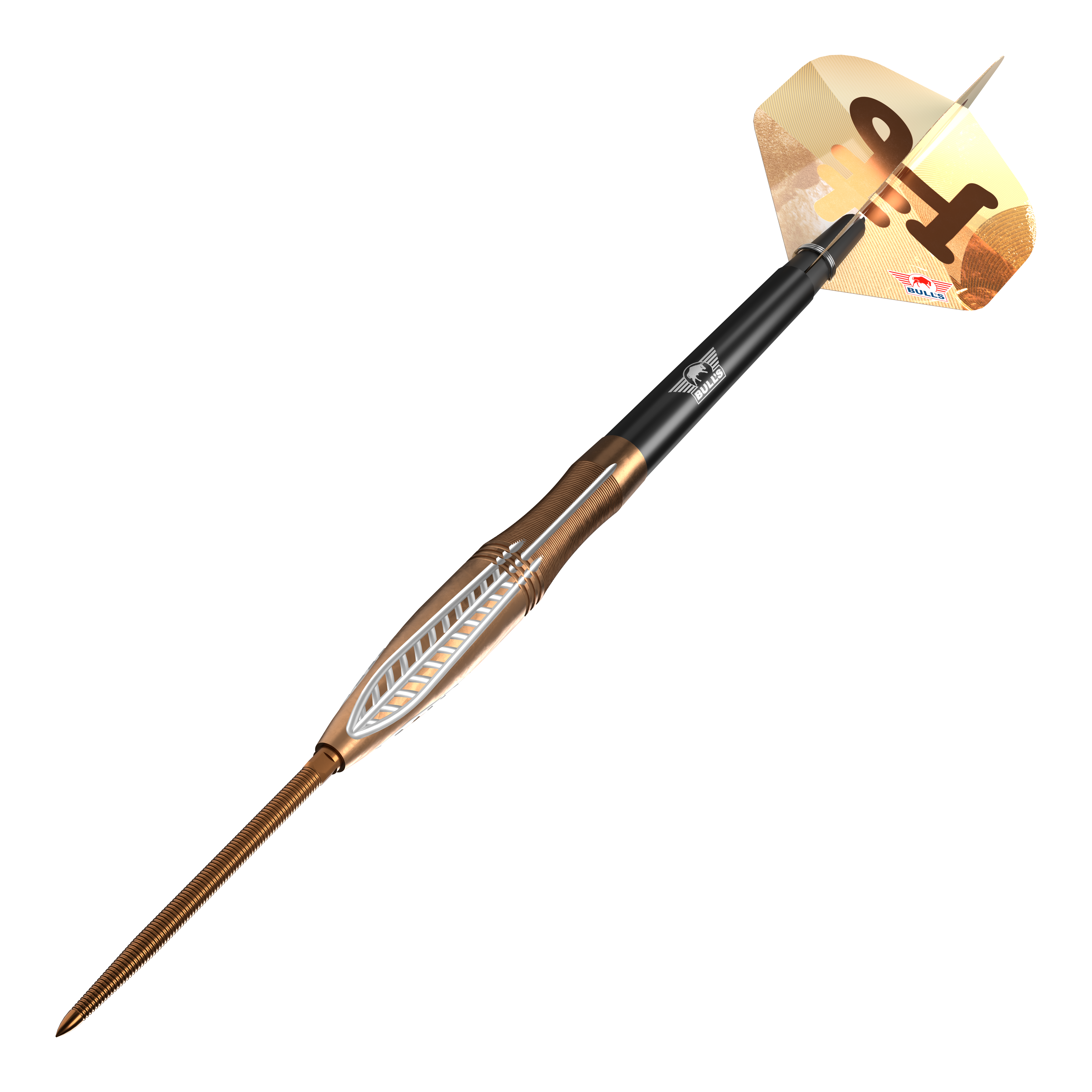 Šipky Bulls NL Bronzo Flux Convertible Point Steel Darts Zu sehen sind Bulls NL Bronzo Flux Convertible Point Steeldarts. Die Darts sind in Metallfarben gehalten.