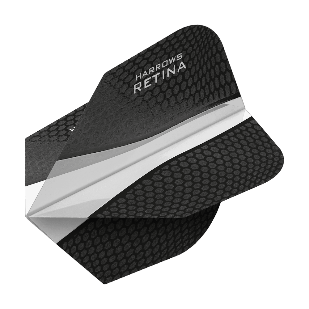 HR65_Harrows_Retina_Transparent_No2_Standard_Flights_2 Das Bild zeigt das Produkt "Harrows Retina Transparent No6 Flights". Die Flights sind schwarz mit einem transparenten Streifen und einem modernen, strukturierten Muster.