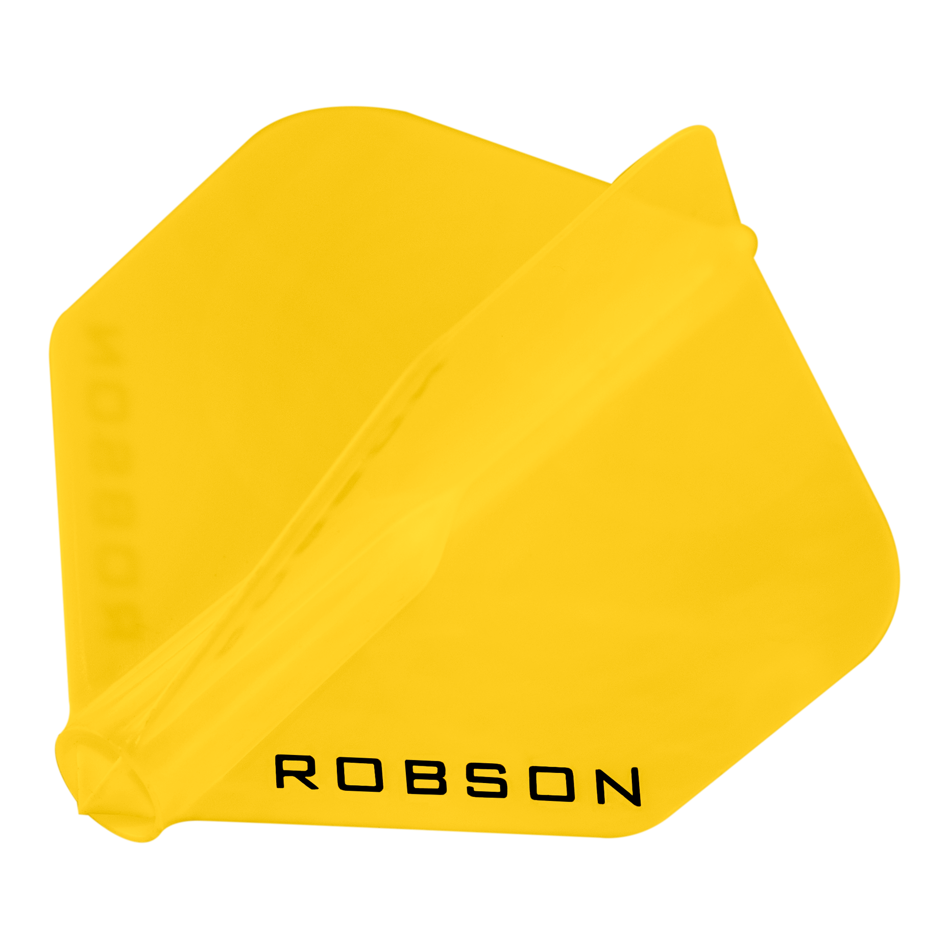 Robson Plus No6 Flights Das Bild zeigt ein gelbes Dart-Flight mit der Aufschrift "ROBSON". Das Flight hat eine klassische No6-Form und besteht aus Kunststoff.
