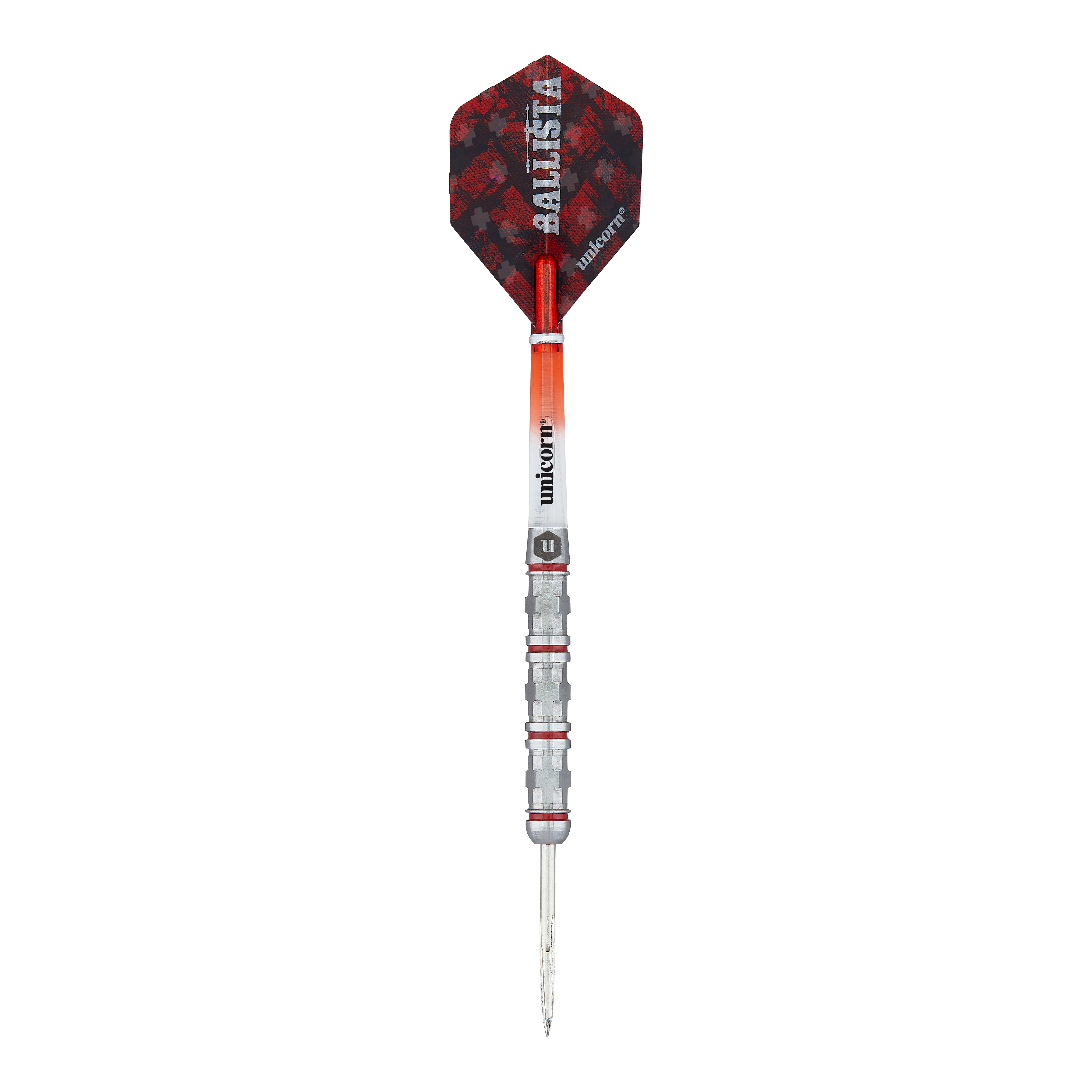 Dardos de acero estilo Ballista Unicorn 4 Das Bild zeigt einen Steeldart namens "Unicorn Ballista Style 4". Der Dart hat eine silberne Spitze, einen strukturierten Griff und rote sowie schwarze Akzente am Flight.