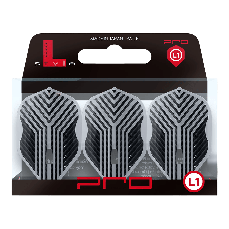 Mehrere L-Style Arno Merk V1 Clear White L1PRO Flights liegen nebeneinander. Die Formen und Kanten zeichnen sich ab.