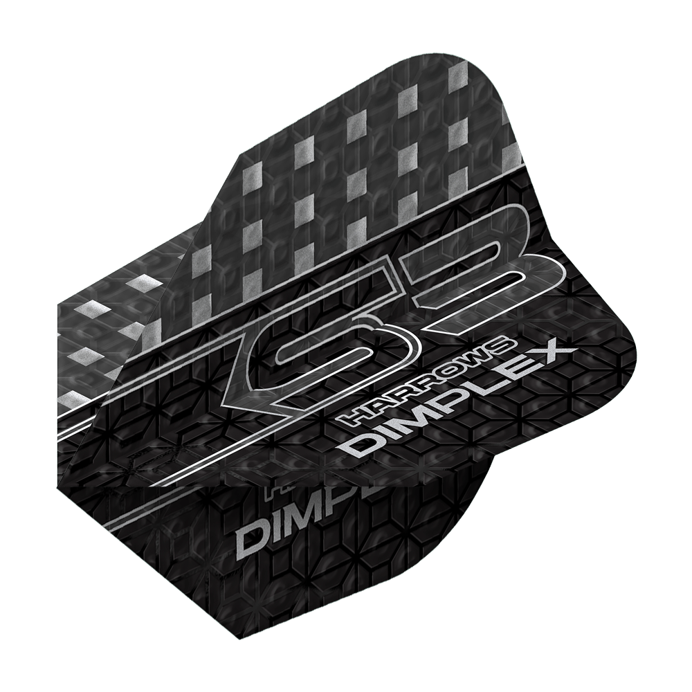 Lety Harrows Dimplex S3 - Smokey Das Bild zeigt ein Dart-Flügel mit dem Namen "Harrows Dimplex S3 Flights - Smokey". Das Design ist überwiegend schwarz mit silbernen Mustern und Schriftzügen.