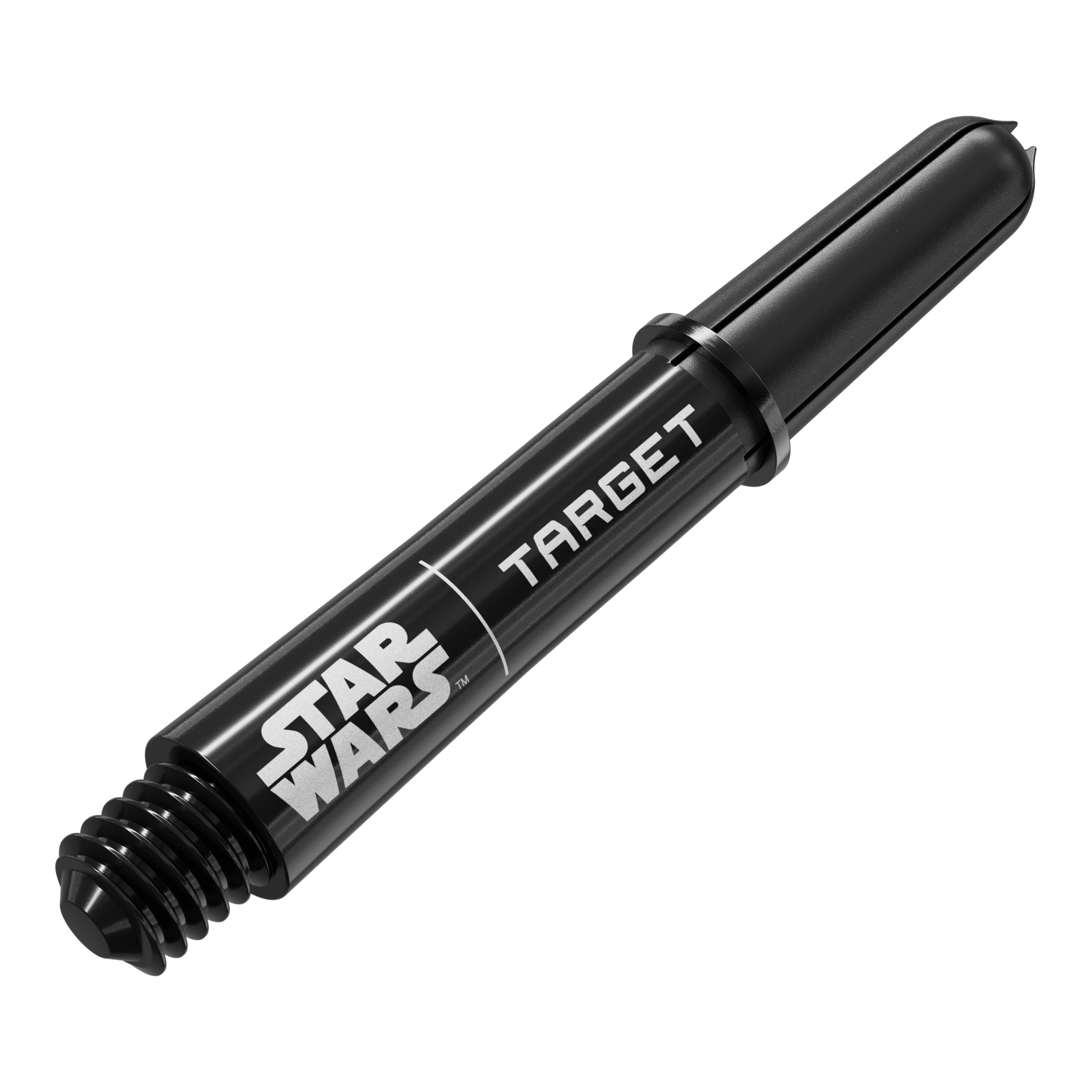 Násadky Target Star Wars ProGrip - černé Das Bild zeigt das Produkt mit dem Dateinamen 380420_Target_StarWars_ProGrip_Shafts_Schwarz_Short_34mm_2. Es handelt sich wahrscheinlich um schwarze, kurze Dartshafts mit Star Wars-Design.