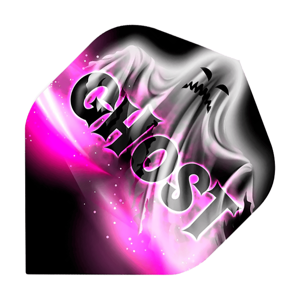 Standardní lety Mission Solo Bailey Marsh č. 2 Das Bild zeigt ein Dartflight mit einem Geistermotiv und dem Wort "GHOST" groß darüber geschrieben. Die Farben sind hauptsächlich Schwarz, Weiß und Pink.