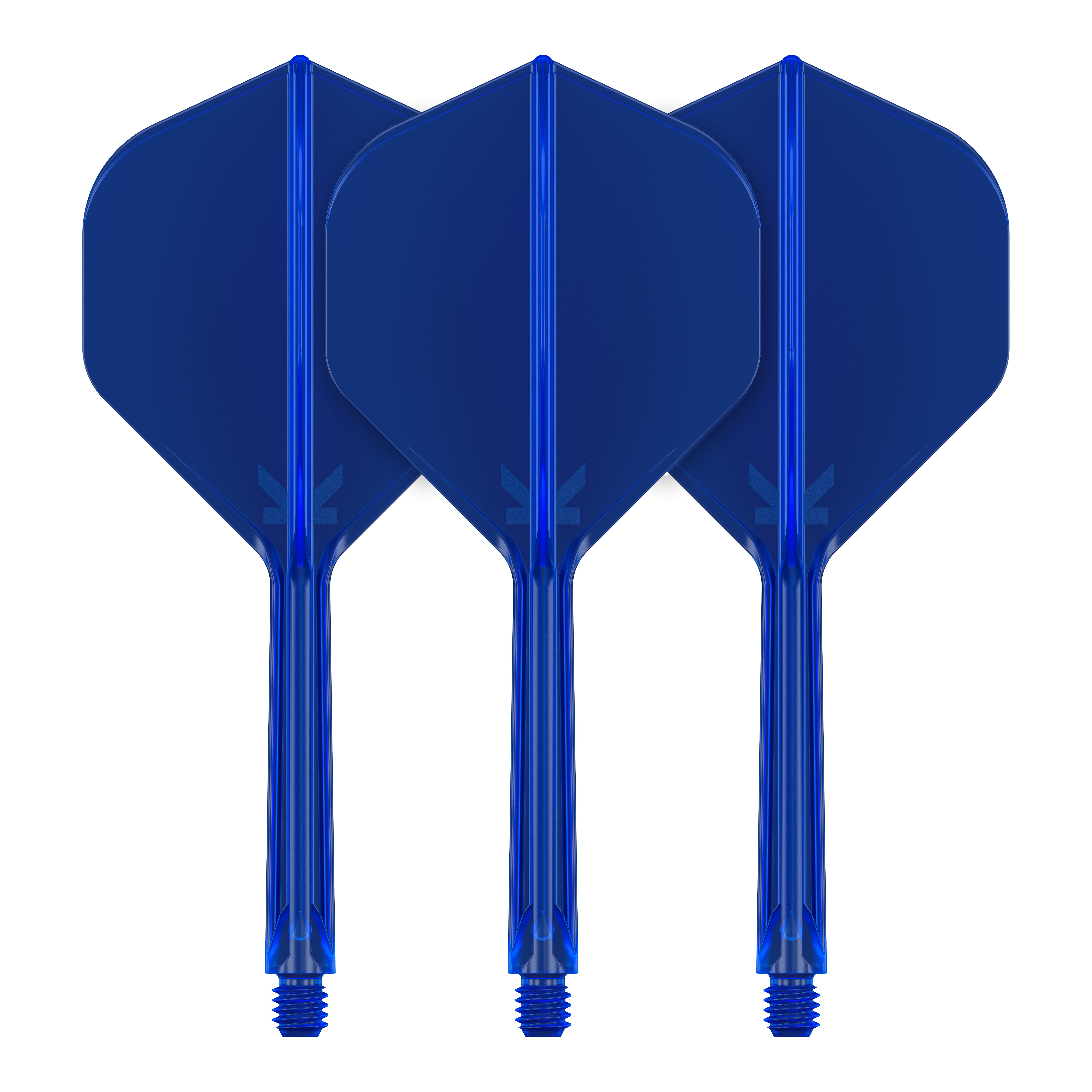 System lotu Target K-Flex No2 Standard – niebieski Auf dem Bild sind drei blaue Dart-Flights mit Schaft zu sehen. Sie stehen nebeneinander und haben eine standardisierte Form.
