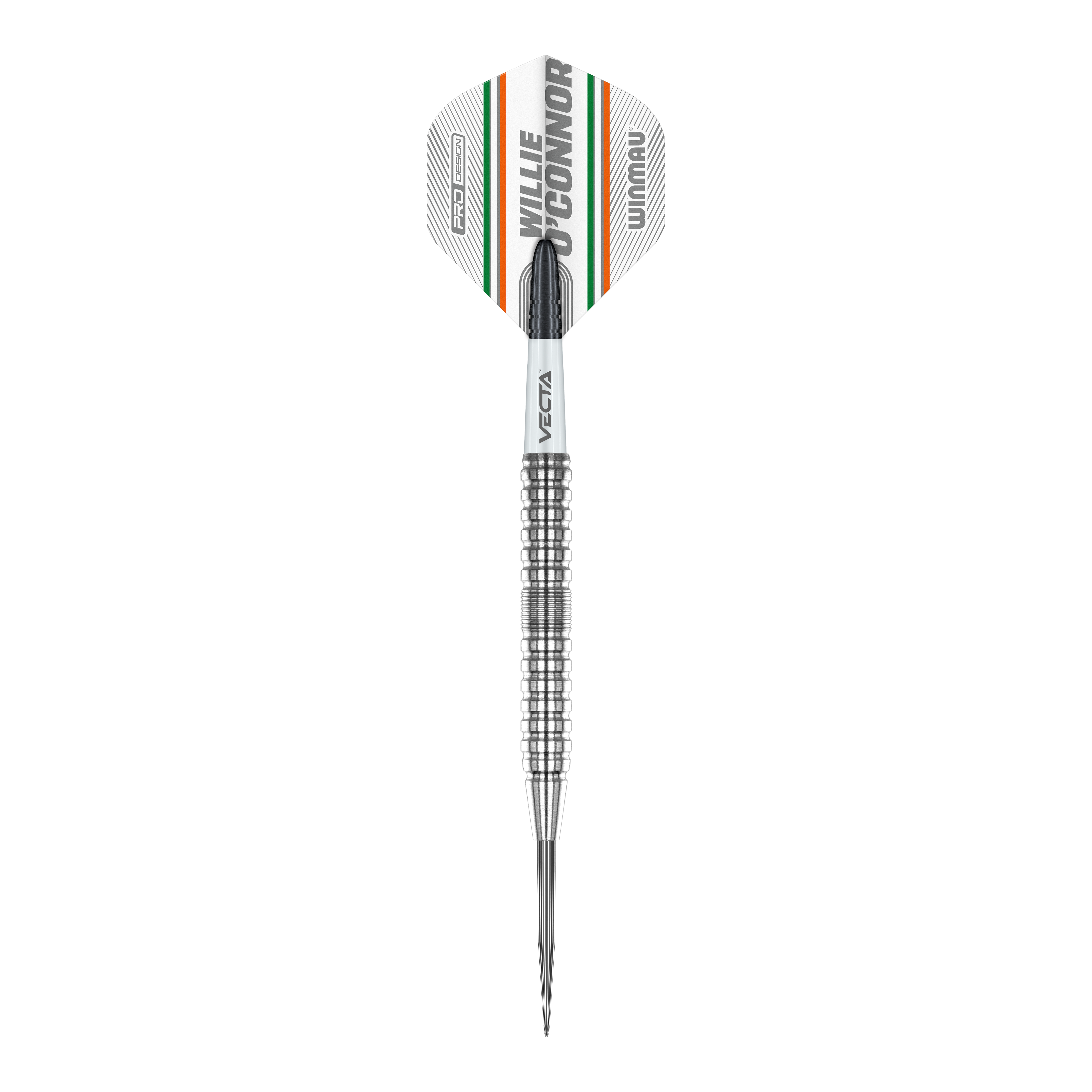 Šipky Winmau Willie O'Connor ocelové - 23g Das Bild zeigt einen Winmau Willie O'Connor Steeldart mit 23g Gewicht. Der Dart hat ein silbernes, geriffeltes Barrel und ein Flight mit orangenen, grünen und schwarzen Streifen.