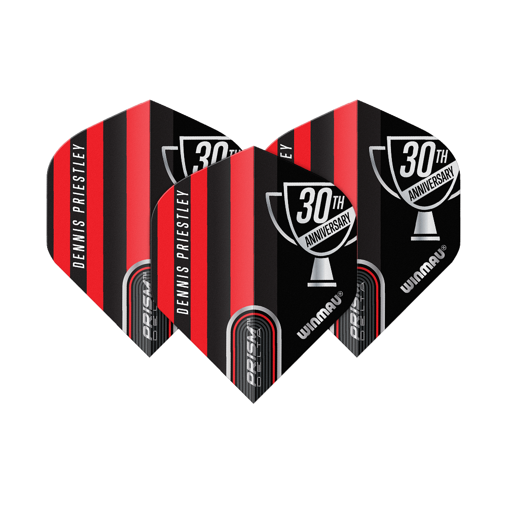 Voli standard Winmau Prism Delta Dennis Priestley Diamond 3-Zero No2 Das Bild zeigt drei Dartflights der Marke Winmau in rot-schwarzem Design. Auf den Flights steht "Dennis Priestley" und "30th Anniversary".