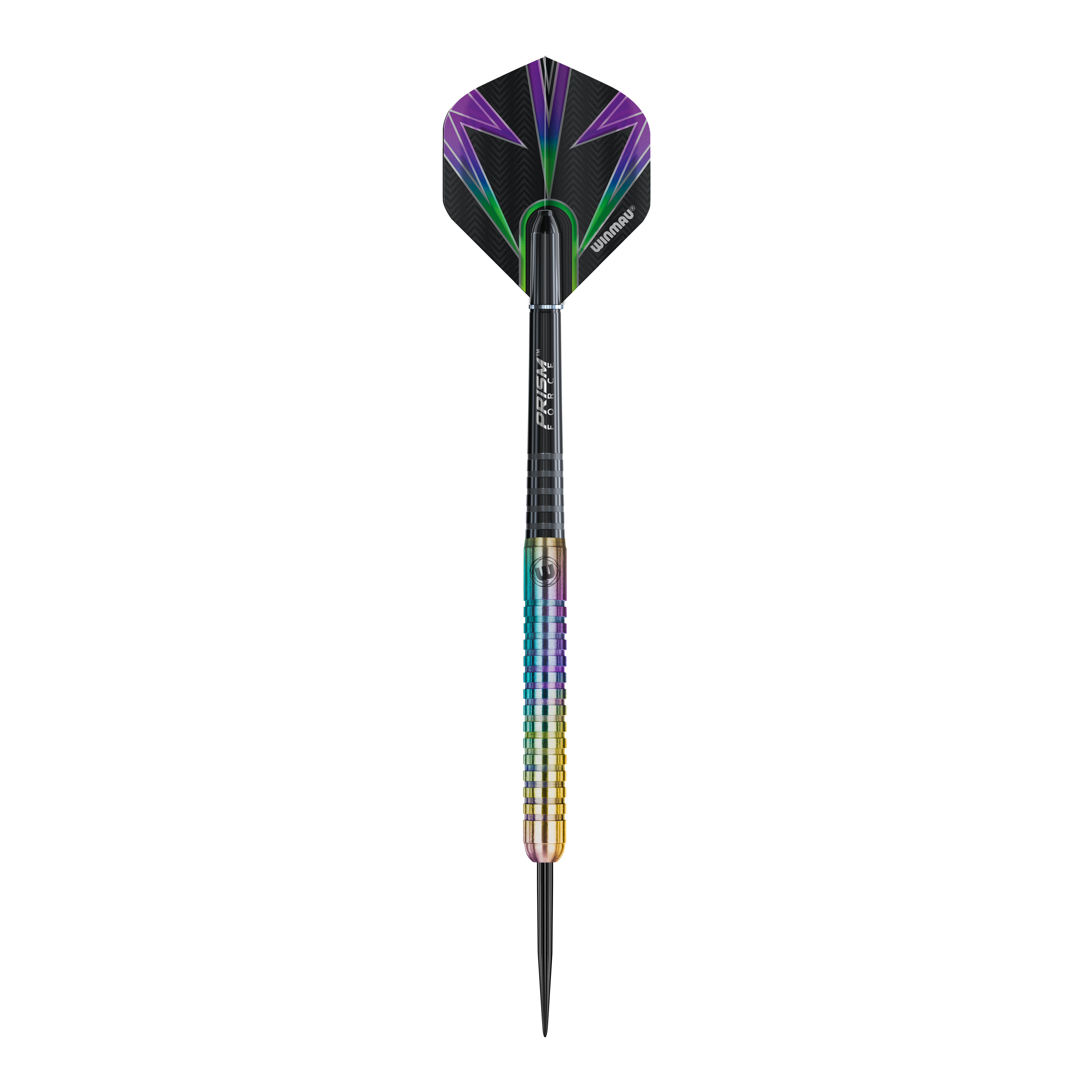 Ocelové šipky Winmau Foxfire Urban Das Bild zeigt einen Winmau Foxfire Urban Steeldart mit buntem Schaft und moderner Optik. Die Flight ist schwarz mit lila und grünen Akzenten gestaltet.