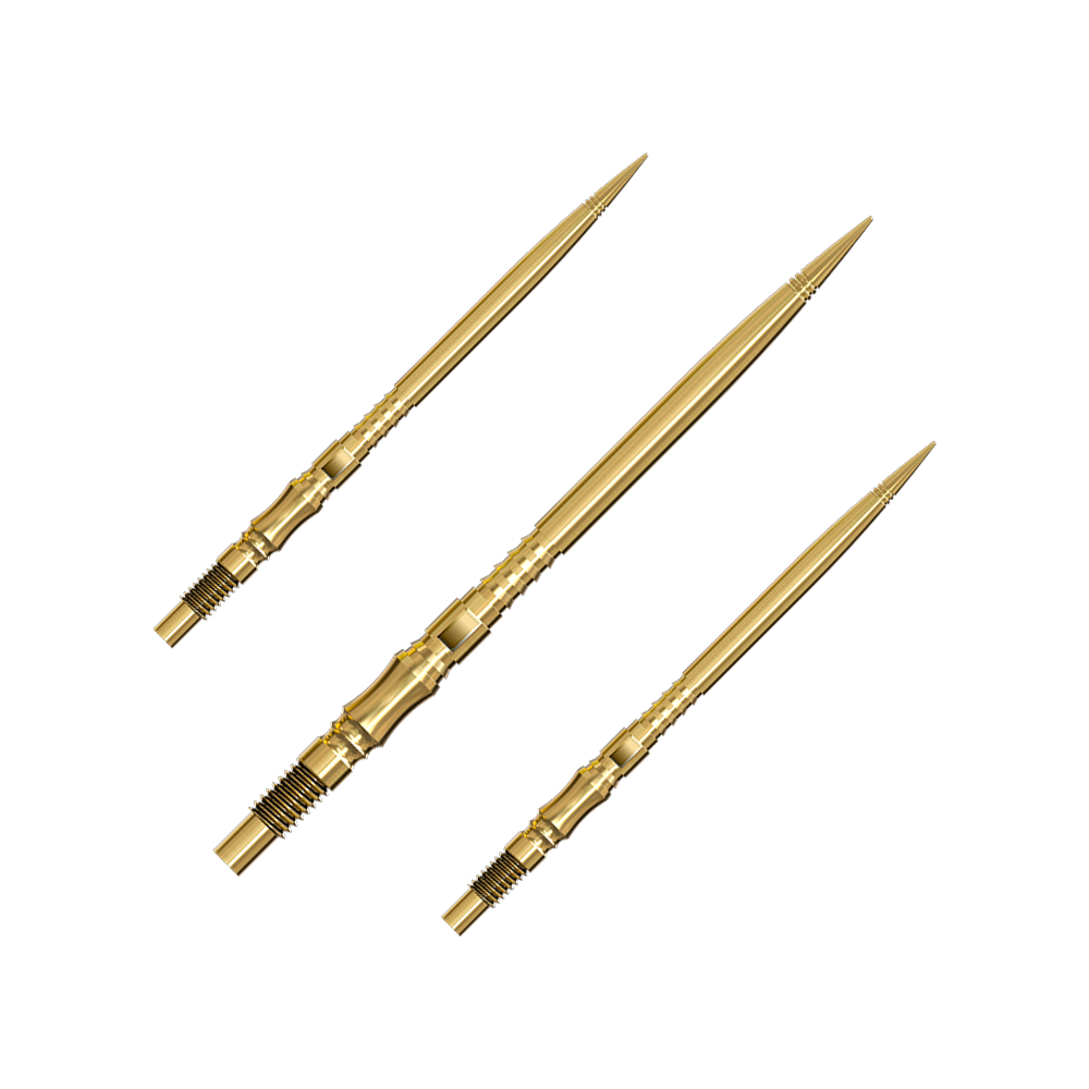 Harrows Quick Point Axis Elite Series Dartspitzen - Gold Ein Set von mehreren goldfarbenen Dartspitzen liegt nebeneinander. Die Spitzen sind gut sortiert und übersichtlich angeordnet.