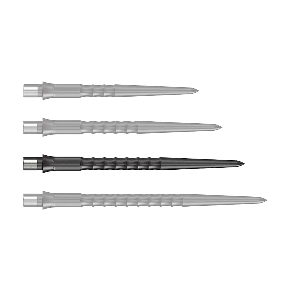 Caliburn System Steeldart Tips - Ripple - NoLip - Black Zu sehen ist eine schwarze Steeldartspitze mit Ripple NoLip Design, 36 mm Länge. Das Produkt ist Teil des Caliburn Evo Systems.