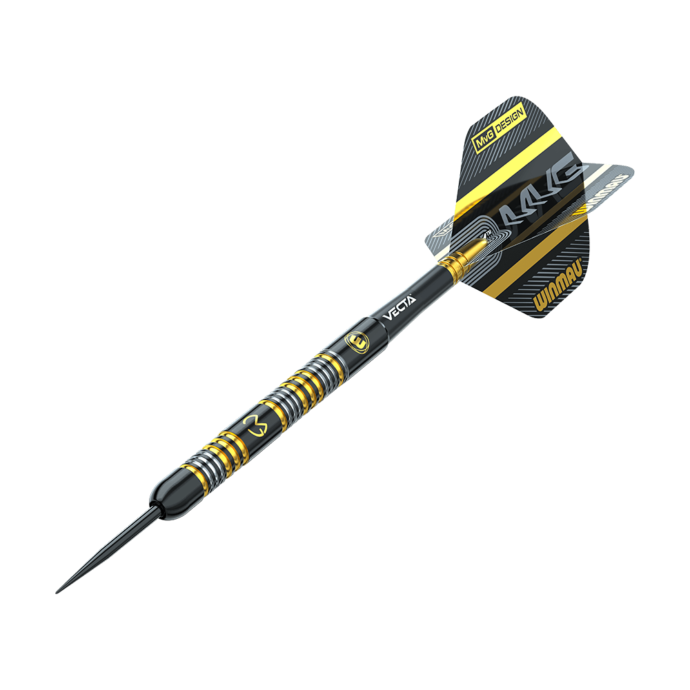 1481_Winmau_Michael_Van_Gerwen_Trilogy_Steeldarts_4 Dieser Dartpfeil ist schwarz und gelb mit silbernen Ringen am Schaft. Auf der Flights steht "WINMAU" und "MvG DESIGN".