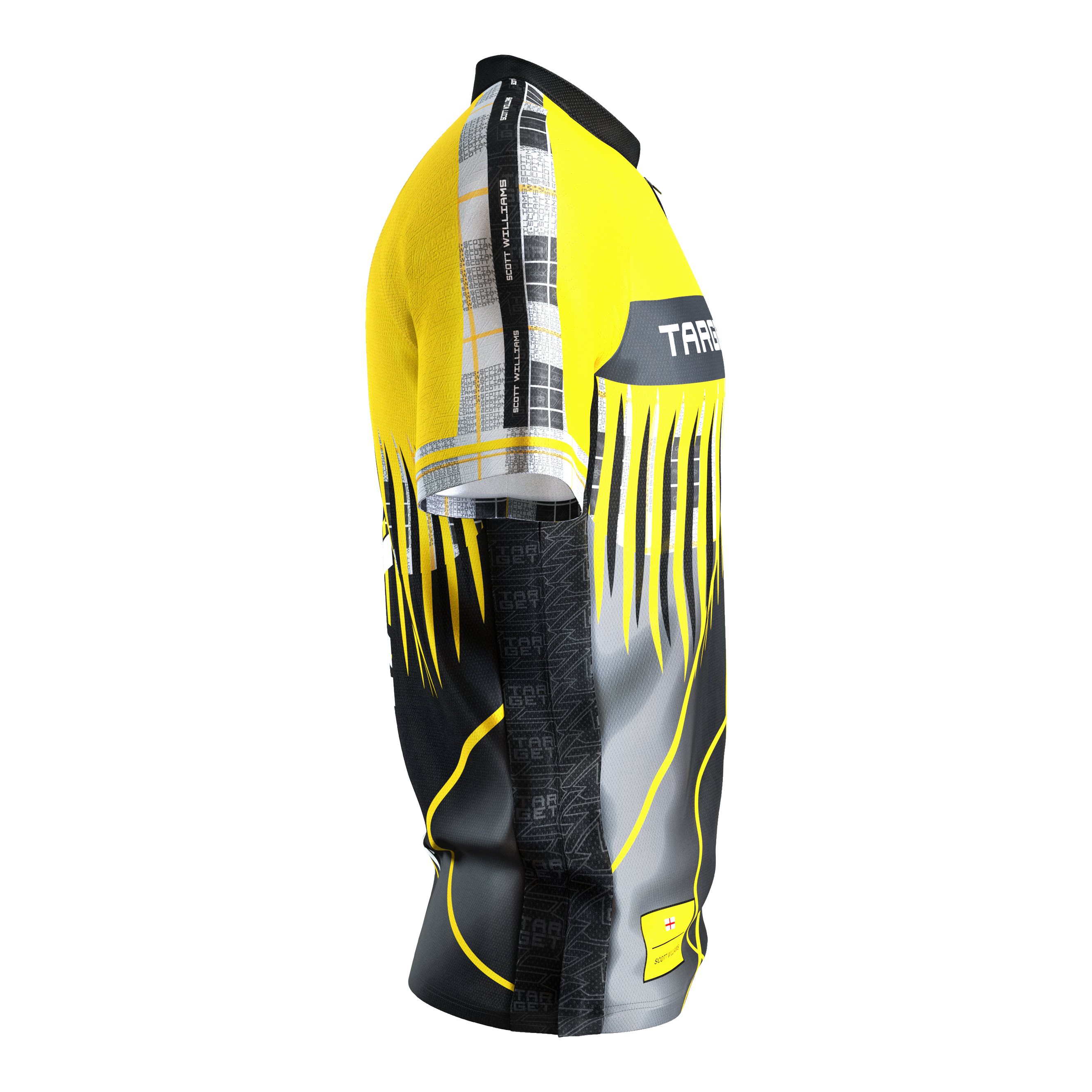 Koszulka do darta Target Coolplay Scott Williams 2025 Das Bild zeigt das "Target Coolplay Scott Williams 2025 Dartshirt". Das Shirt hat ein auffälliges Design in Gelb, Schwarz und Grau mit modernen Mustern.