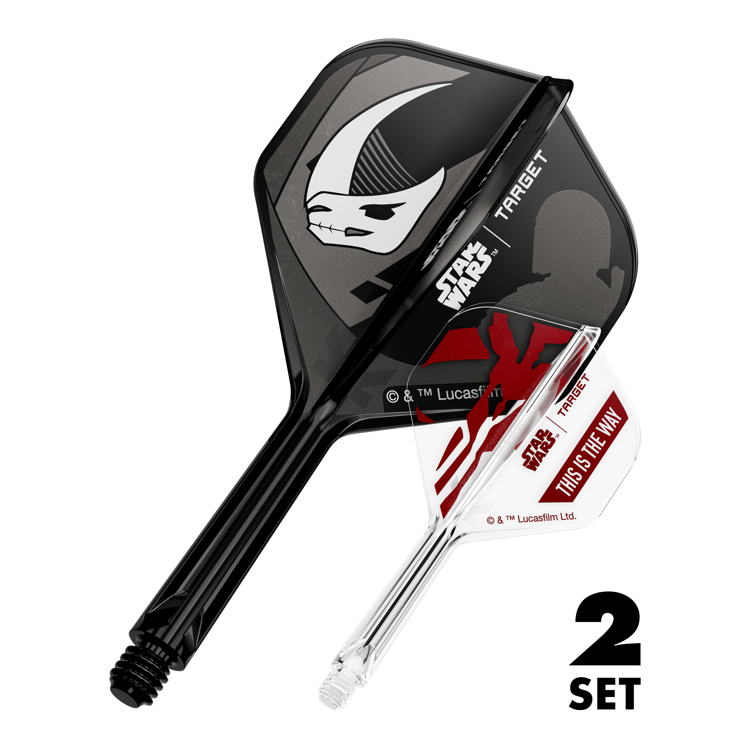 Target Star Wars K-Flex-Set Mandalorian No2 Standard Flights Das Bild zeigt das Produkt mit dem Dateinamen 410621_Target_StarWars_K-Flex_Mandalorian_2PackSet_No2_Standard_Flights_26mm_1. Es handelt sich vermutlich um Dartzubehör mit Star Wars Mandalorian Motiv.