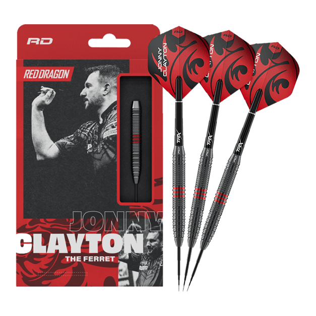Red Dragon Jonny Clayton Core Brass Steeldarts - 21g Dieses Bild zeigt die Red Dragon Jonny Clayton Core Brass Steeldarts - 21g in voller Länge. Die Darts haben goldene Rillen und rote sowie schwarze Details am Flight.