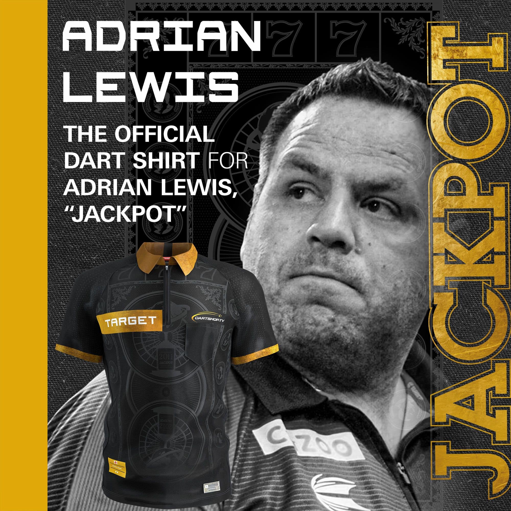 T-shirt de fléchettes Target Adrian Lewis 2026 Das Bild zeigt das Target Adrian Lewis Dartshirt 2026. Dieses Shirt ist für Darts-Fans und Sammler konzipiert.