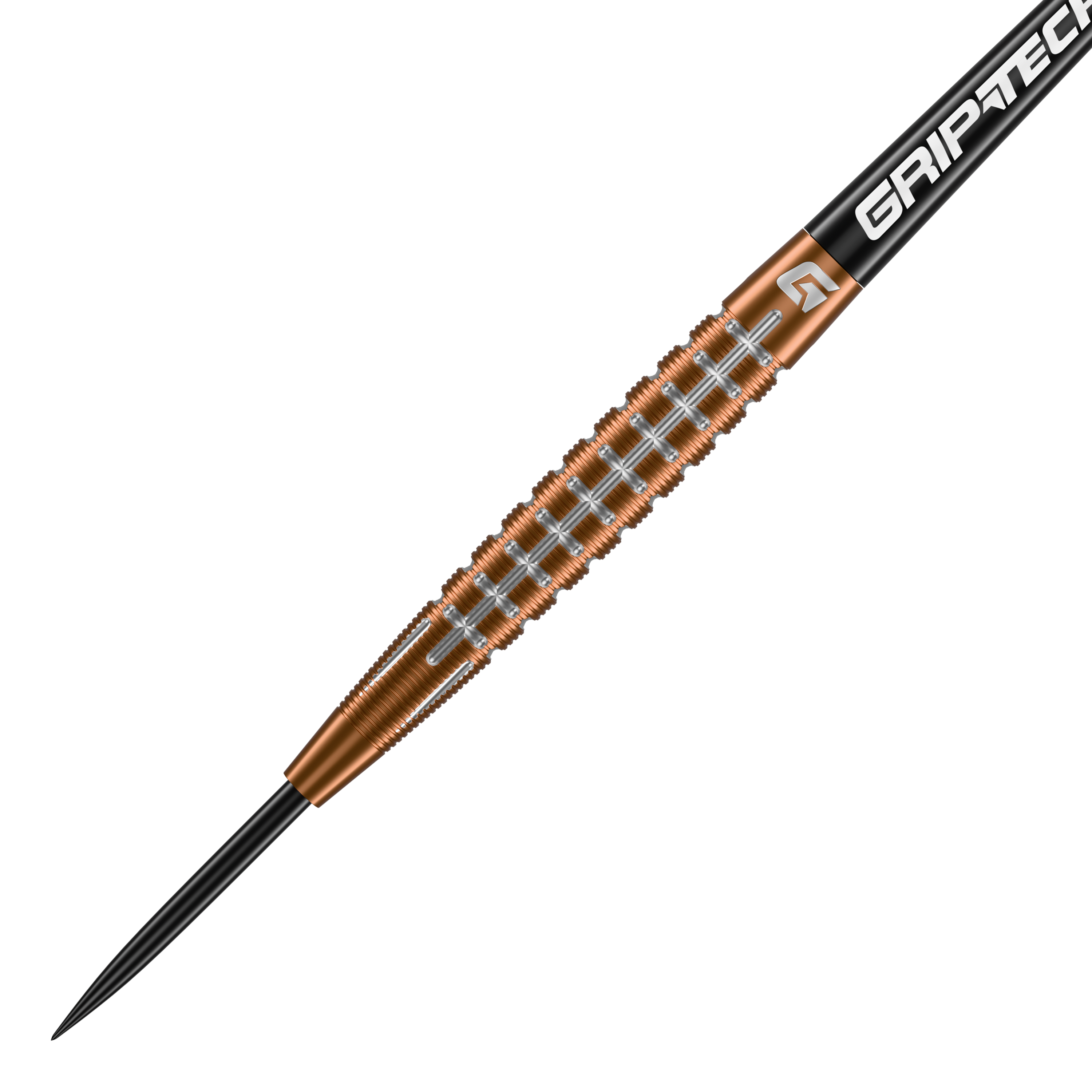 Dardos de acero de tungsteno GOAT Quarterback V1 Das Bild zeigt einen GOAT Quarterback V1 Tungsten Steeldart. Der Dart hat einen goldenen, geriffelten Schaft und eine schwarze Spitze.