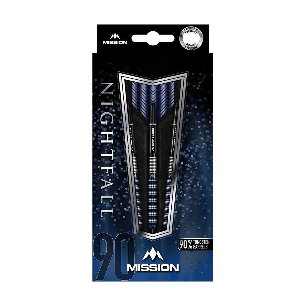 Mission Nightfall Model 1 Steeldarts Das Bild zeigt die Verpackung der "Mission Nightfall Model 1 Steeldarts". Die Darts bestehen zu 90 % aus Tungsten und sind elegant in einer blau-schwarzen Schachtel präsentiert.