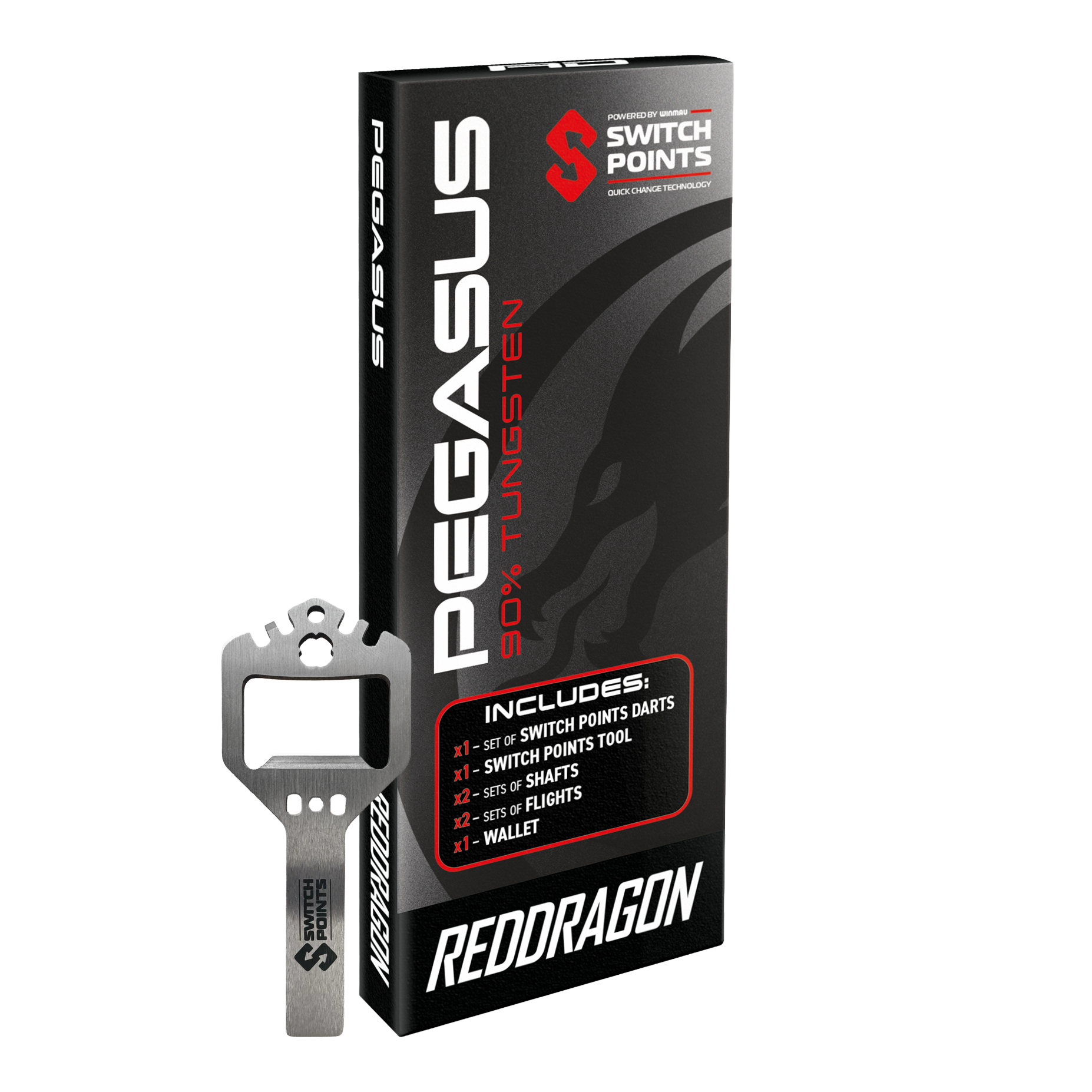 Das Bild zeigt die Red Dragon Pegasus Switch Point Steeldarts. Die Pfeile sind hochwertig verarbeitet und ideal für Turniere geeignet.