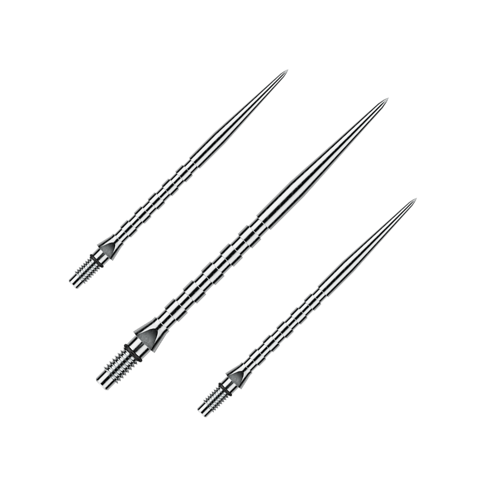 Abgebildet ist ein Set von silbernen Winmau Switch Point Groove Steeldartspitzen, 40 mm lang. Es sind typische Ersatzspitzen für Steeldarts.