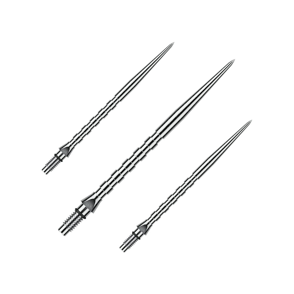 Winmau Switch Point Groove steel dart tips - Silver Effect Abgebildet ist ein Set von silbernen Winmau Switch Point Groove Steeldartspitzen, 40 mm lang. Es sind typische Ersatzspitzen für Steeldarts.