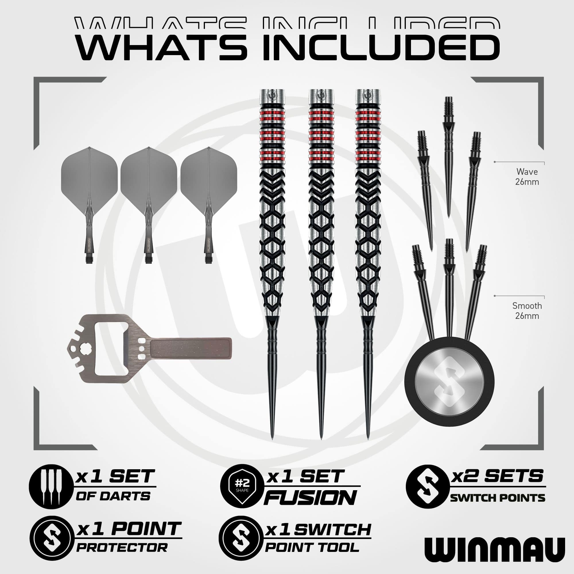Šipky Winmau Fornax Tapered Switch Point ocelové Das Bild zeigt die Winmau Fornax Tapered Switch Point Steeldarts. Es sind hochwertige Darts mit einem spitz zulaufenden Design.
