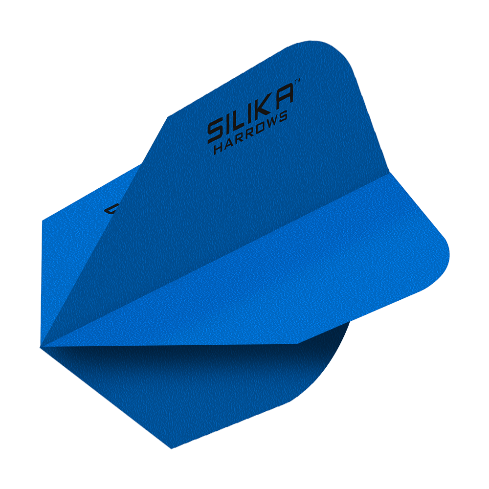 Harrows Silica Solid, odolný krystalický povlak, modrý č. 6, letky Das Bild zeigt blaue Dartflights mit der Aufschrift "Silika Harrows". Die Flights haben eine feste, kristalline Beschichtung und sind in der Form No6 gestaltet.
