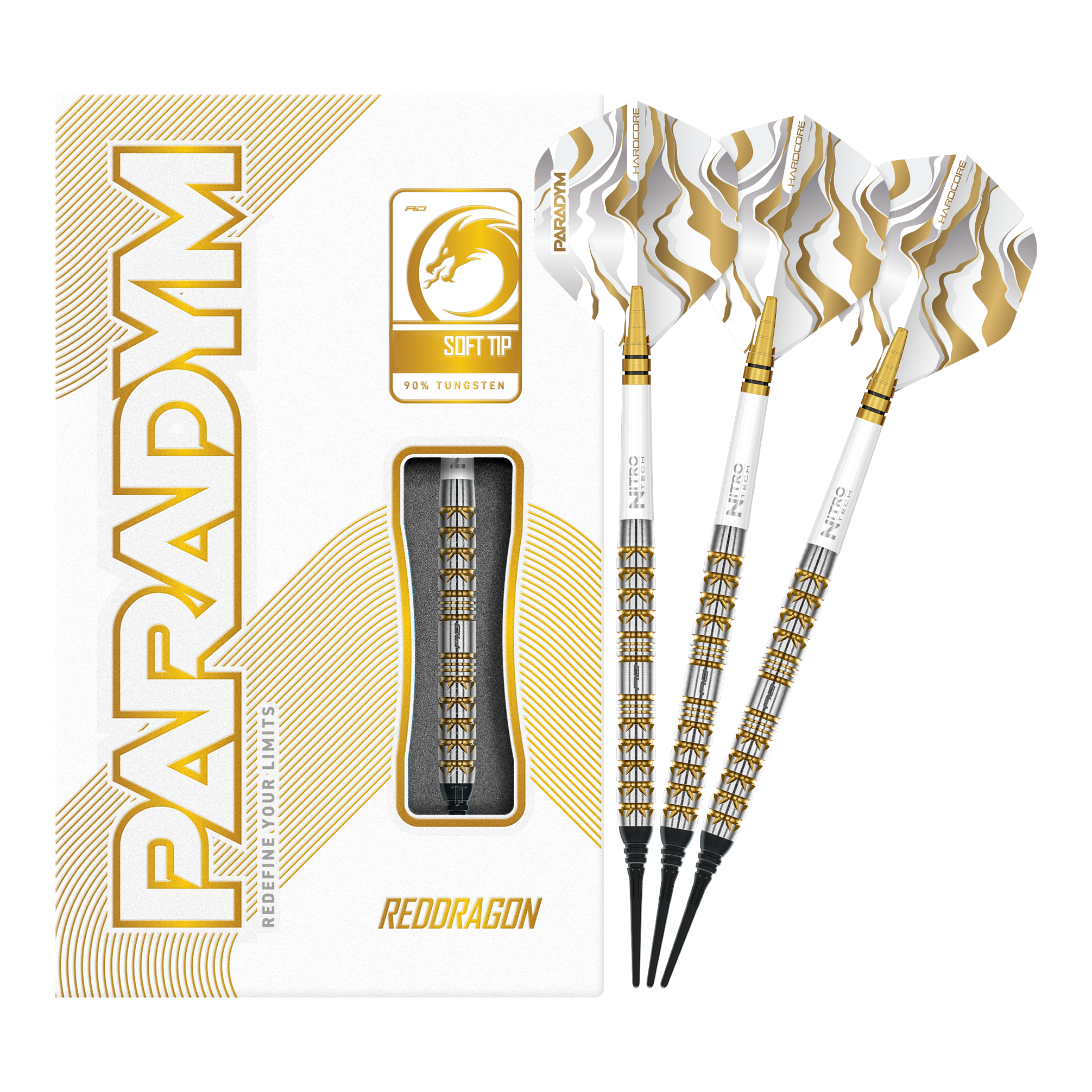 Das Bild zeigt die Red Dragon Paradym Gold Parallel Softdarts - 20g in voller Länge. Die goldfarbenen Darts wirken hochwertig und professionell.